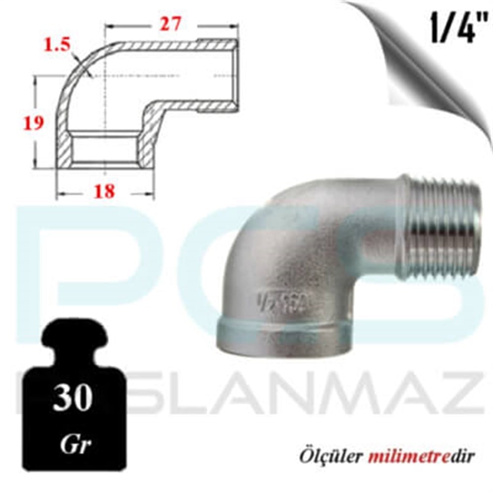 PASLANMAZ ÇELİK 304 KALİTE KUYRUKLU DİRSEK
