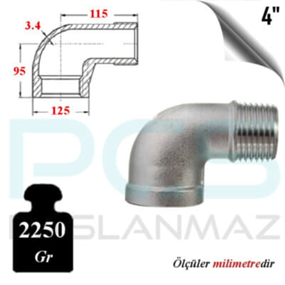 PASLANMAZ ÇELİK 304 KALİTE KUYRUKLU DİRSEK