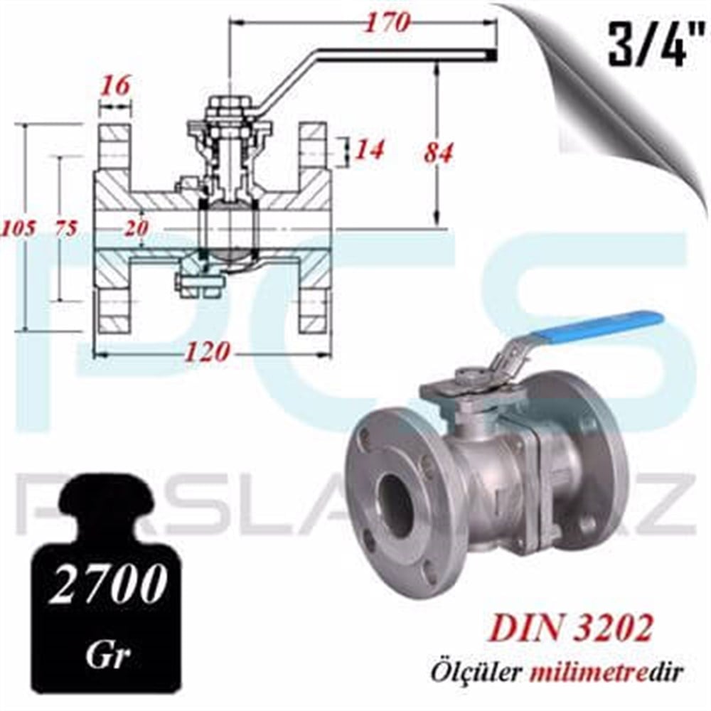 PASLANMAZ ÇELİK 316 KALİTE 2 PARÇALI FLANŞLI VANA