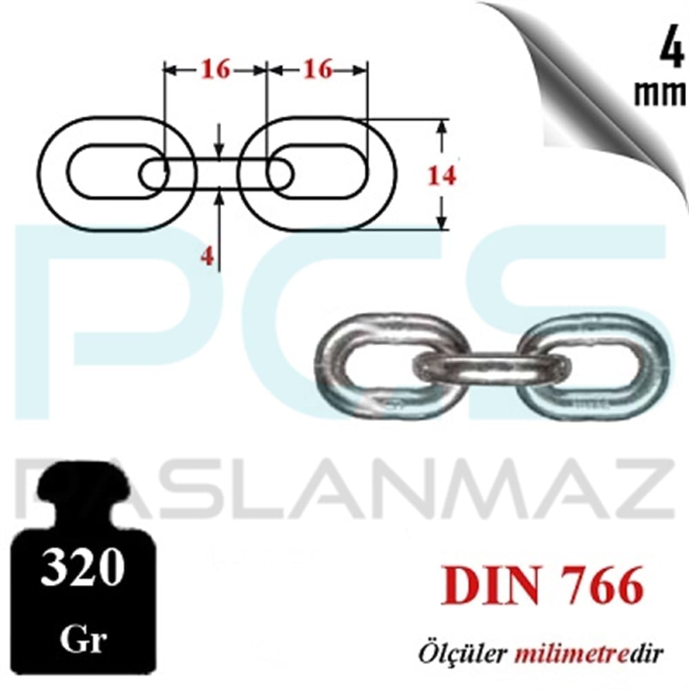 paslanmaz çelik 316 kalite 4 mm A4 baklalı çapa zincir teknik bilgi ölçüleri