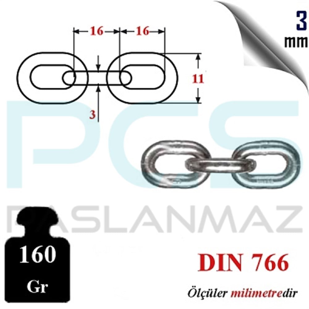 paslanmaz çelik 316 kalite 3 mm A4 baklalı çapa zincir teknik bilgi ölçüleri