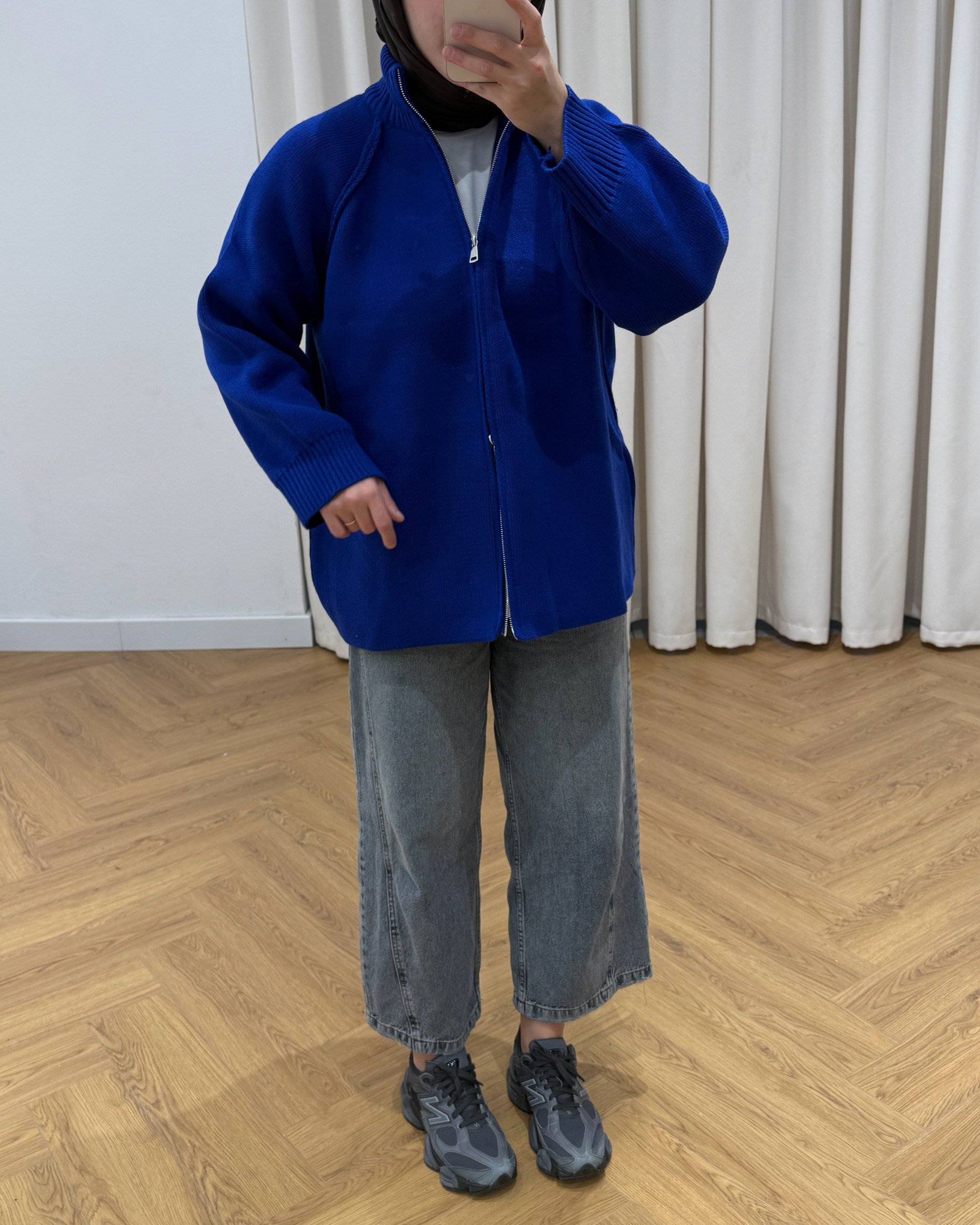 Çift Fermuar Detaylı Saks Hırka