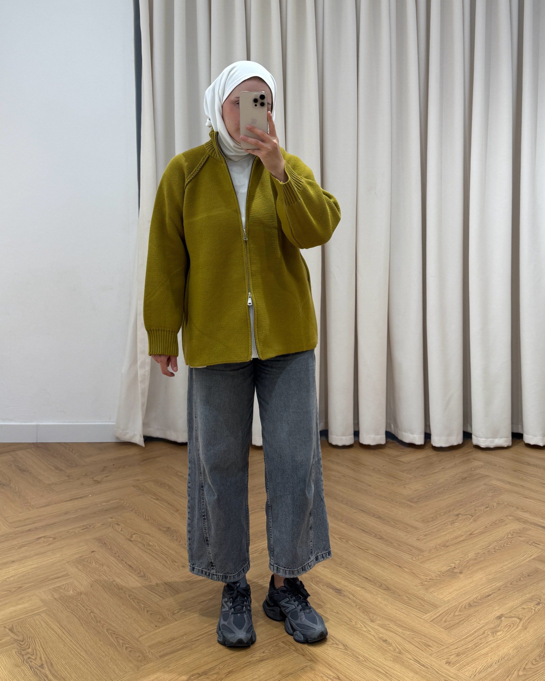 Çift Fermuar Detaylı Yeşil Hırka