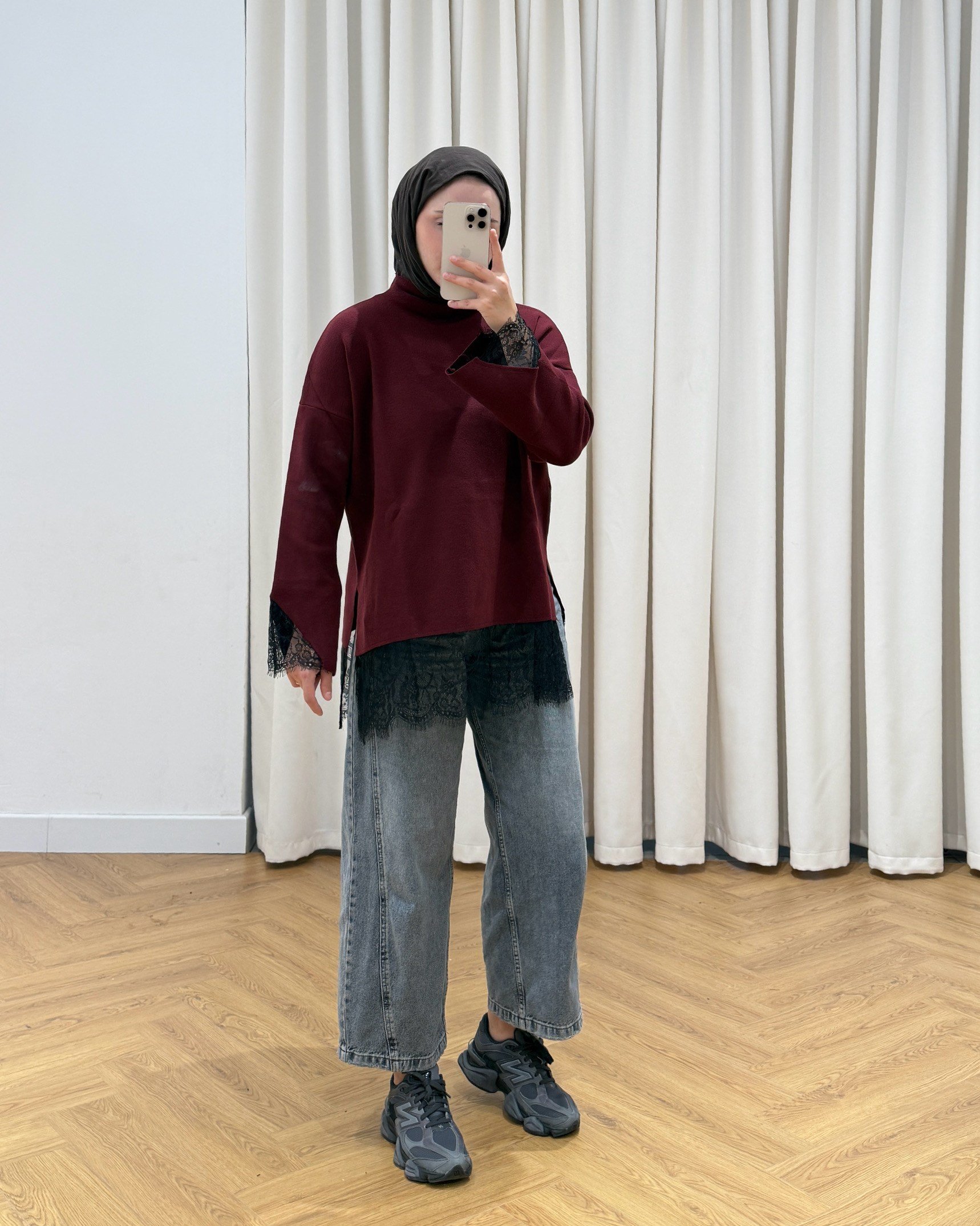 Olive Dantel Detaylı Bordo Örme Triko