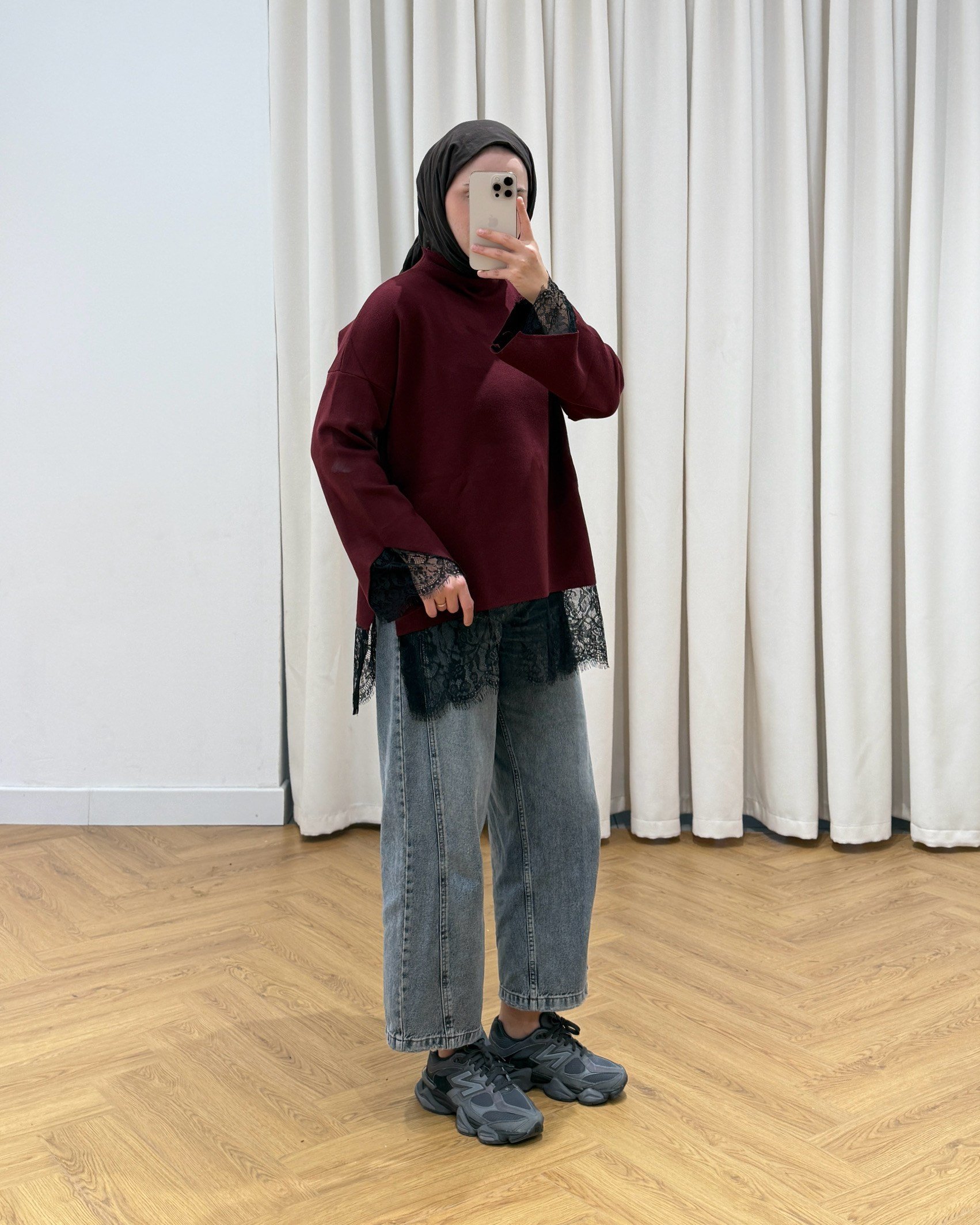 Olive Dantel Detaylı Bordo Örme Triko