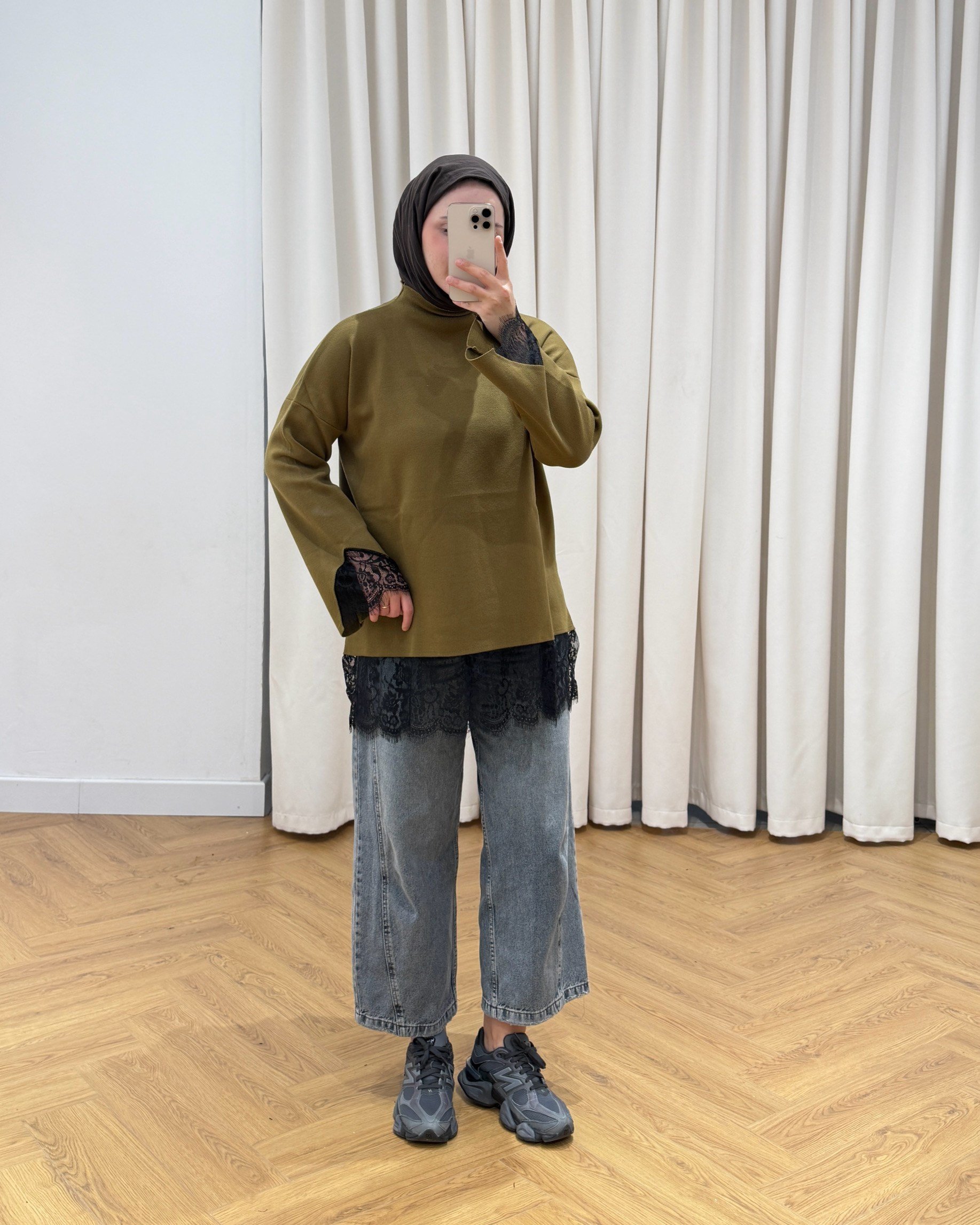 Olive Dantel Detaylı Yeşil Örme Triko