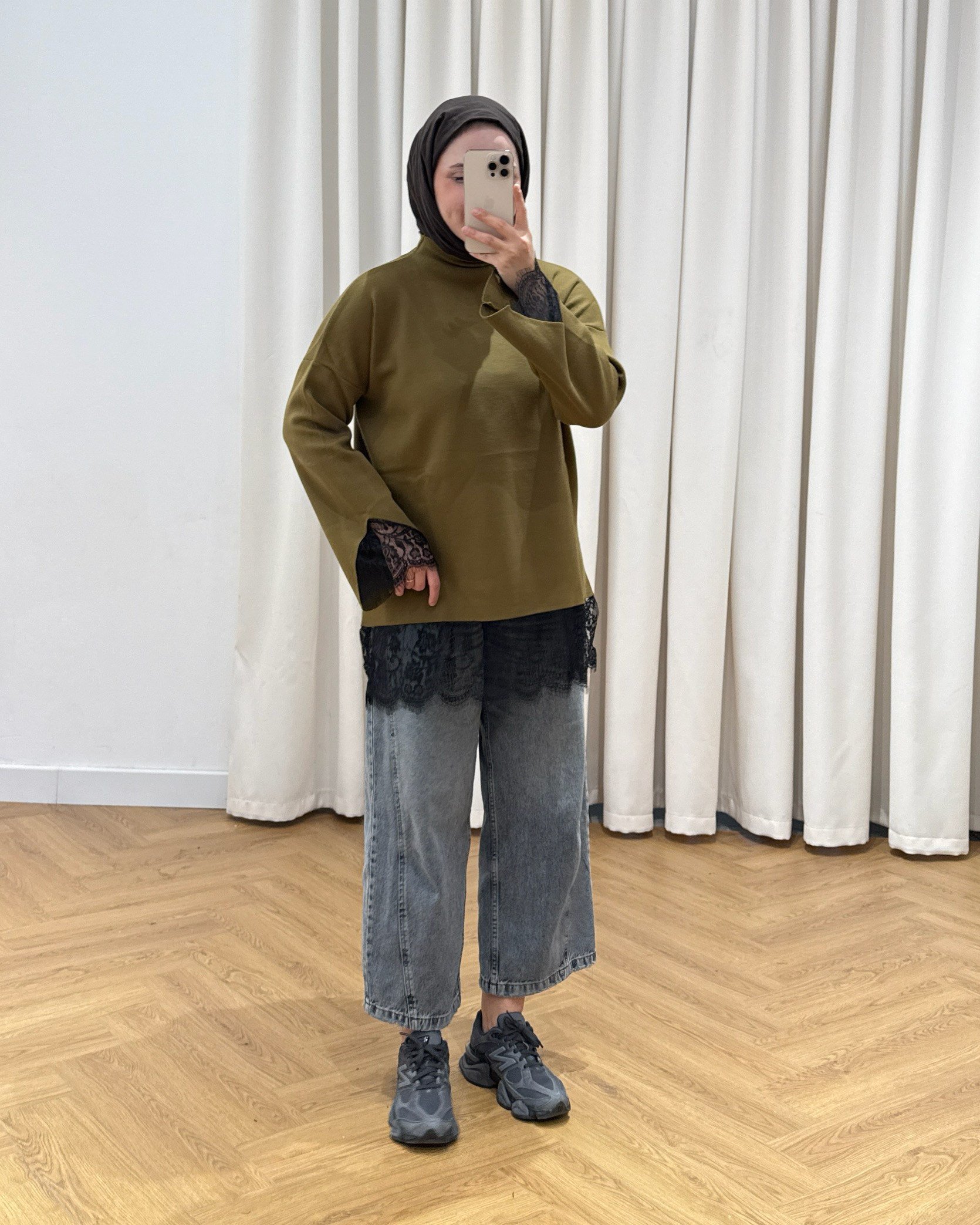 Olive Dantel Detaylı Yeşil Örme Triko