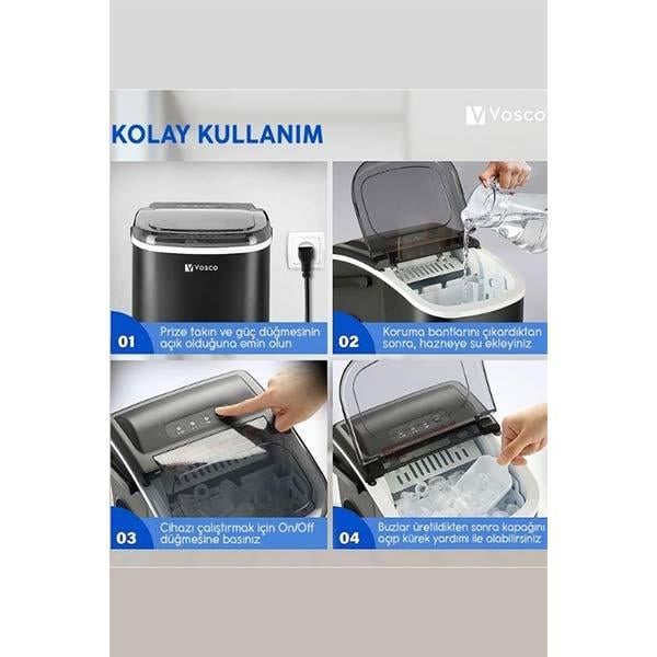 Vosco VHZB-12HS Eko Buz Makinesi, Set Üstü, 12 kg, Siyah