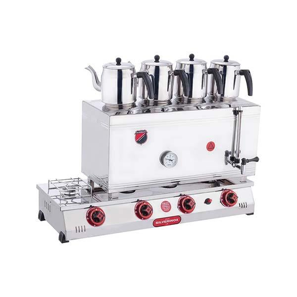 SilverInox 2102-D, 85 Model Kaynaklı 4 Demlikli Çay Ocağı Çift Taban, 58 L, Elektrikli + Doğalgazlı