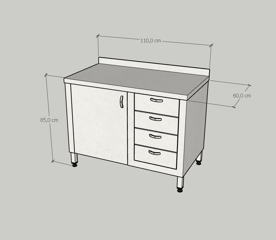 Çalışma Tezgahı Dolaplı Dört Çekmeceli, Inox 430, 110x60x85 Cm