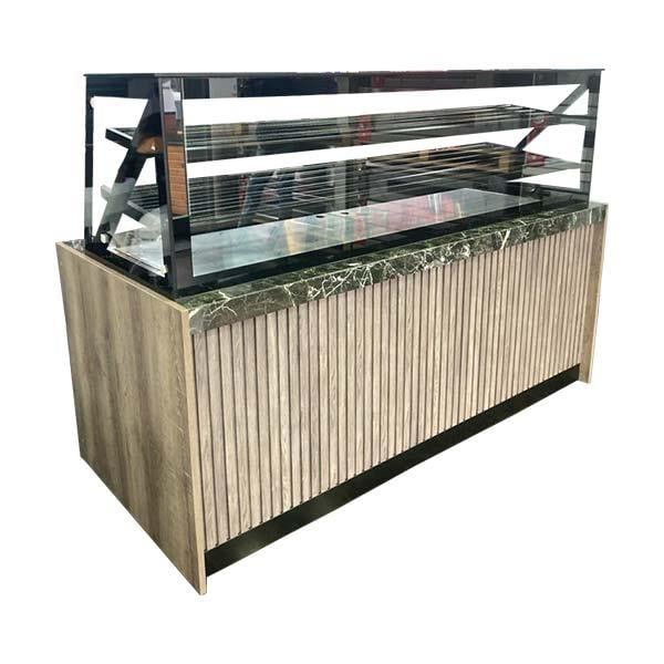 Ydg Vitrin Tip Börek Teşhir Tezgahı, Isıtmalı, Ahşap Dekor, 200x90x140 cm