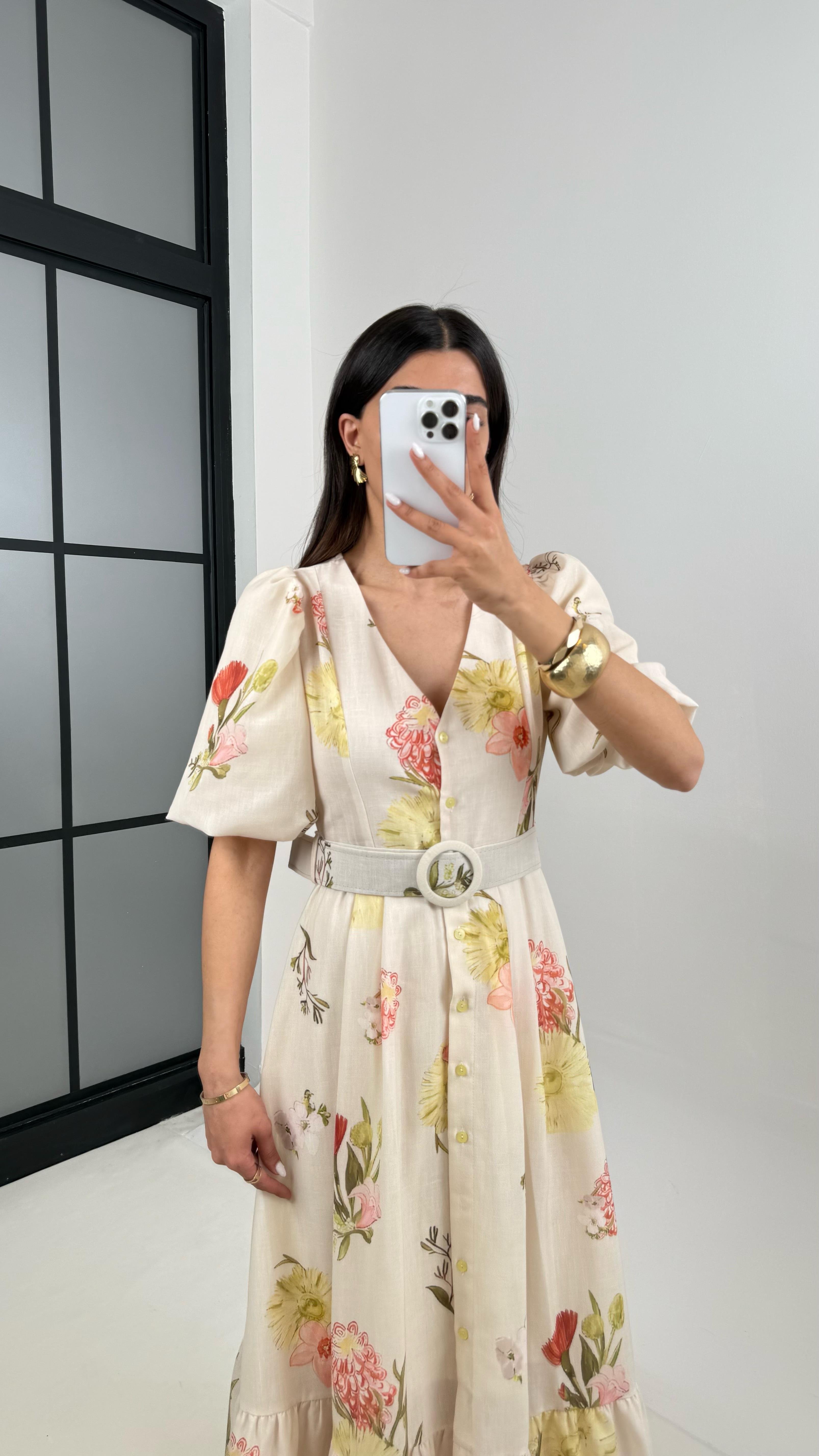 Taş V Yaka Turuncu Çiçek Desenli Balon Kol Kemerli Elbise Gaus00394GausELBİSEGU1001924