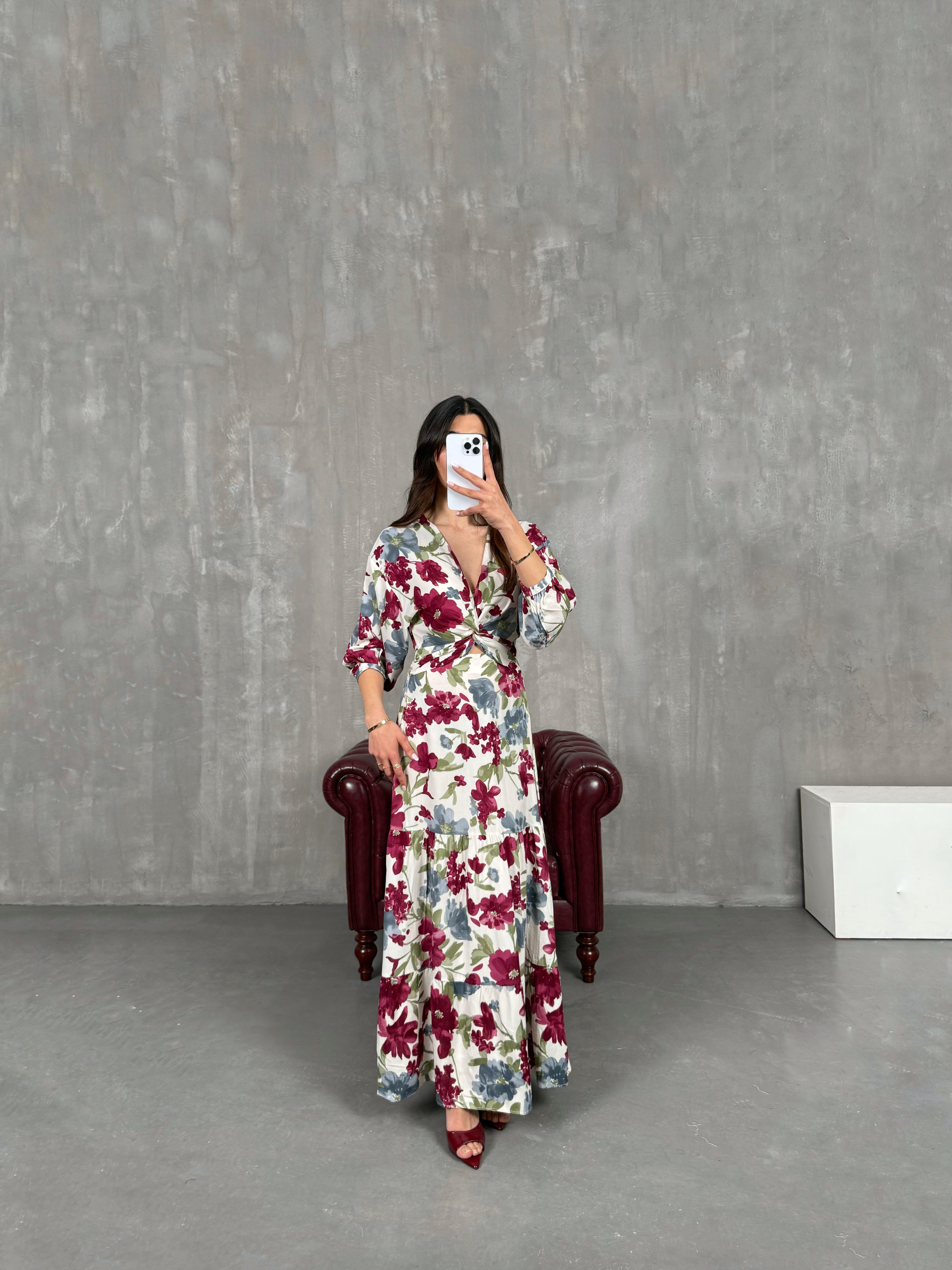 Çiçek Desenli Çapraz Dekolteli Yandan Fermuarlı Beli Lastikli Elbise Gaus00260GausELBİSEGU1001601