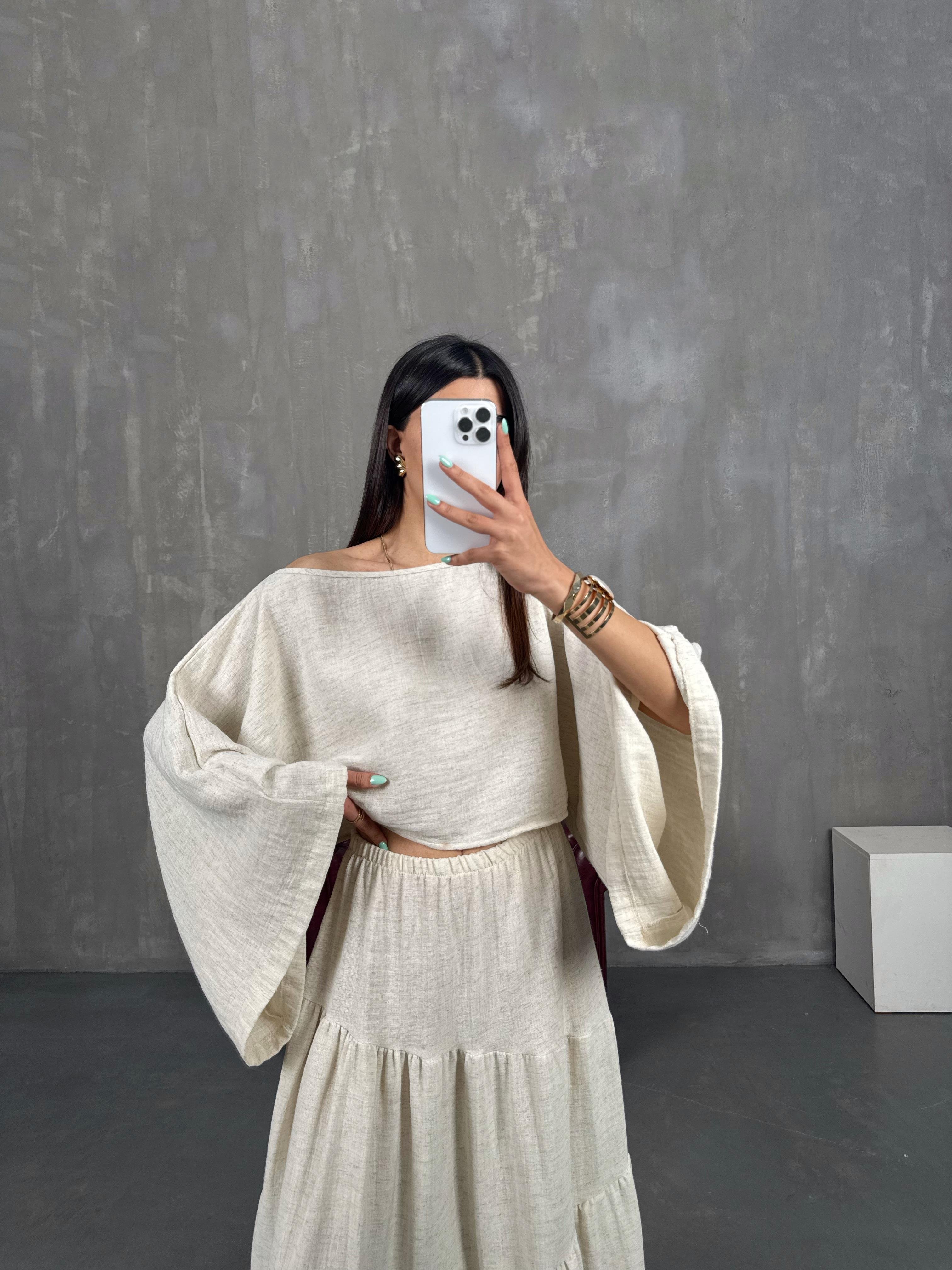 Taş Beli Lastikli Yırtmaçlı Etek Salaş İkili Keten Takım Gaus00249GausTAKIMGU1001575