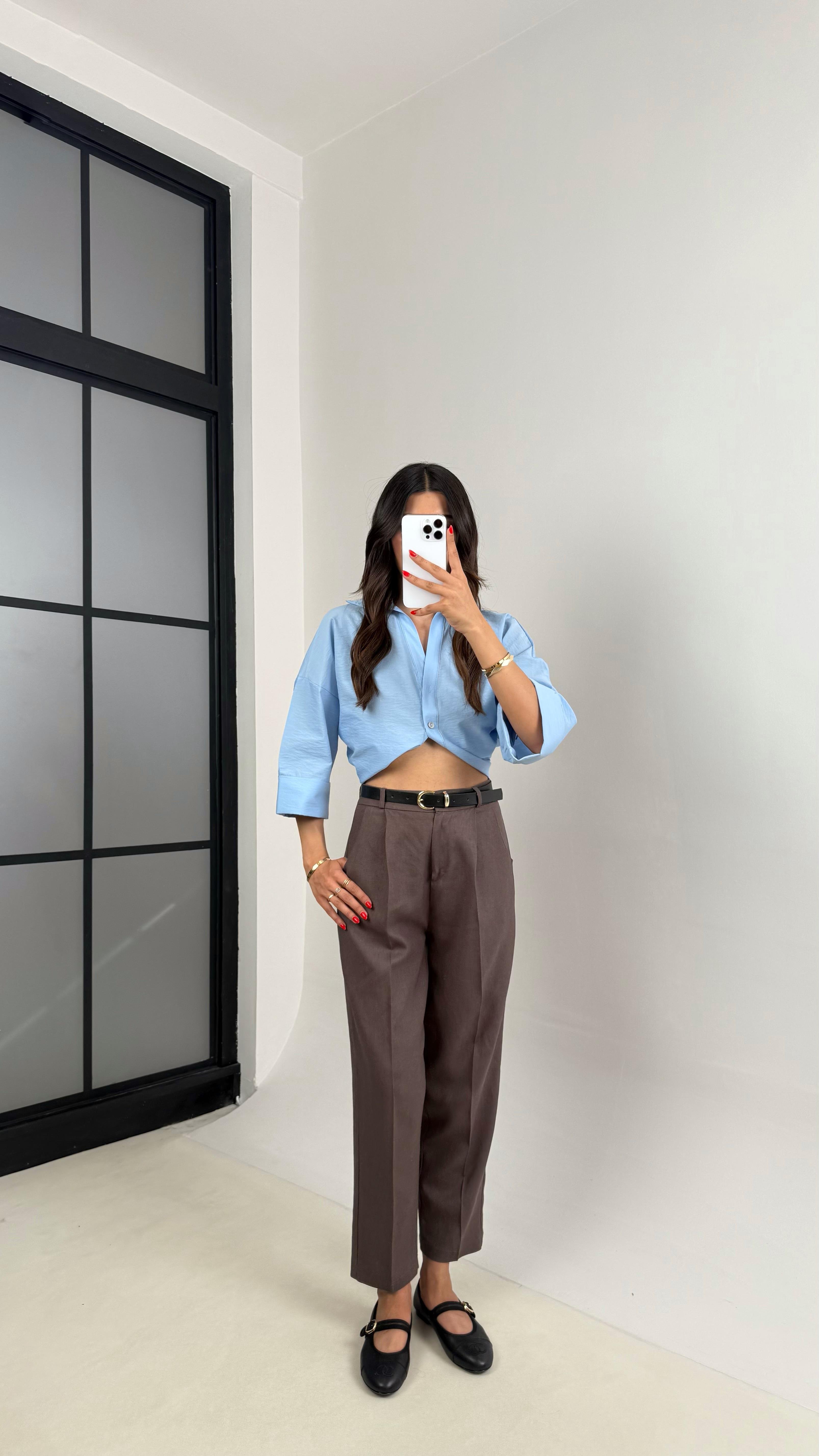 Kahve  Kemerli Cepli Premium Keten Pantolon Gaus00513GausPANTOLONGU1002206