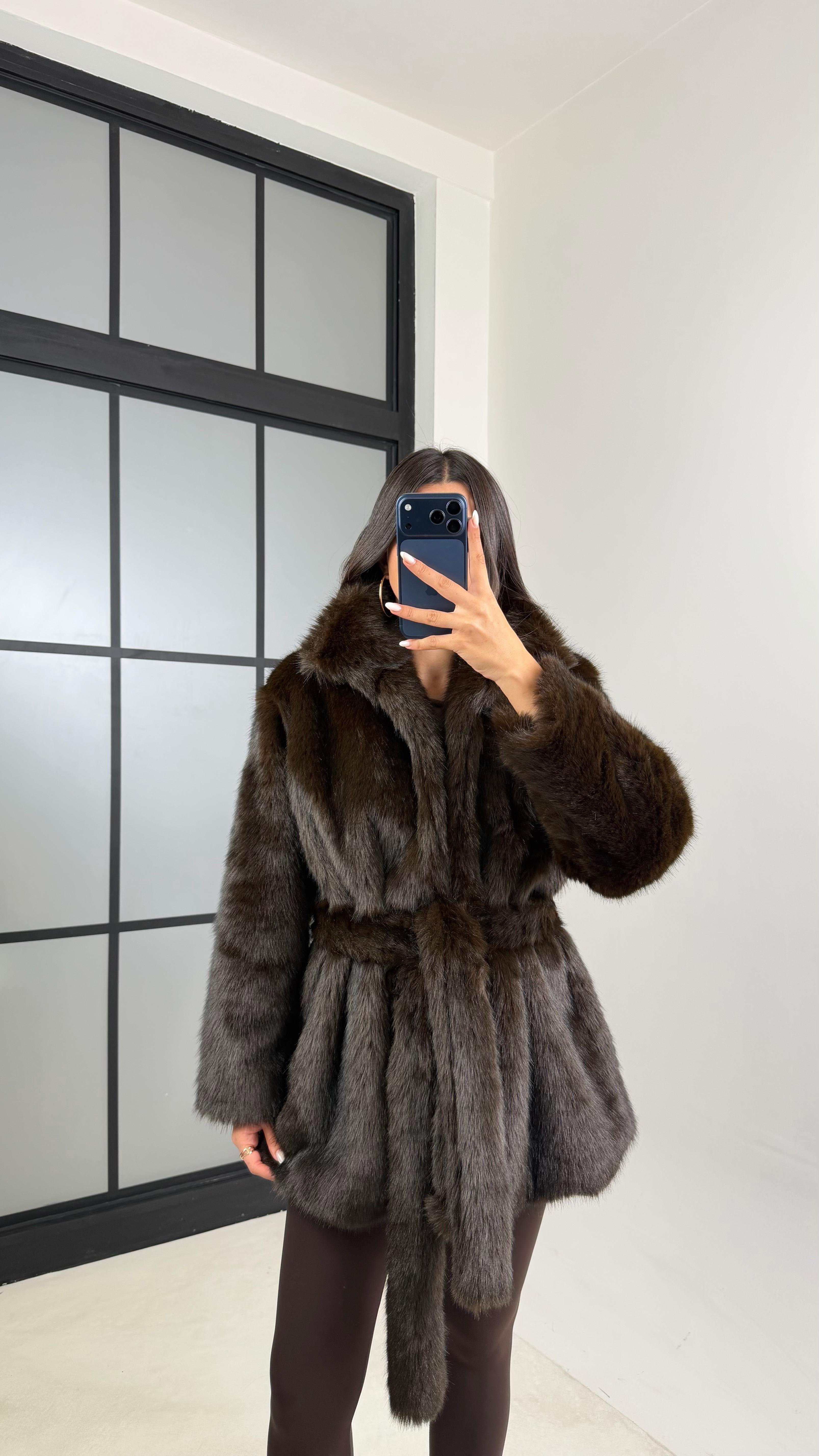 Acı Kahve Astarlı Kuşaklı Premium Kürk GAUS-00649GAUS الجواكيت GAUS-00649