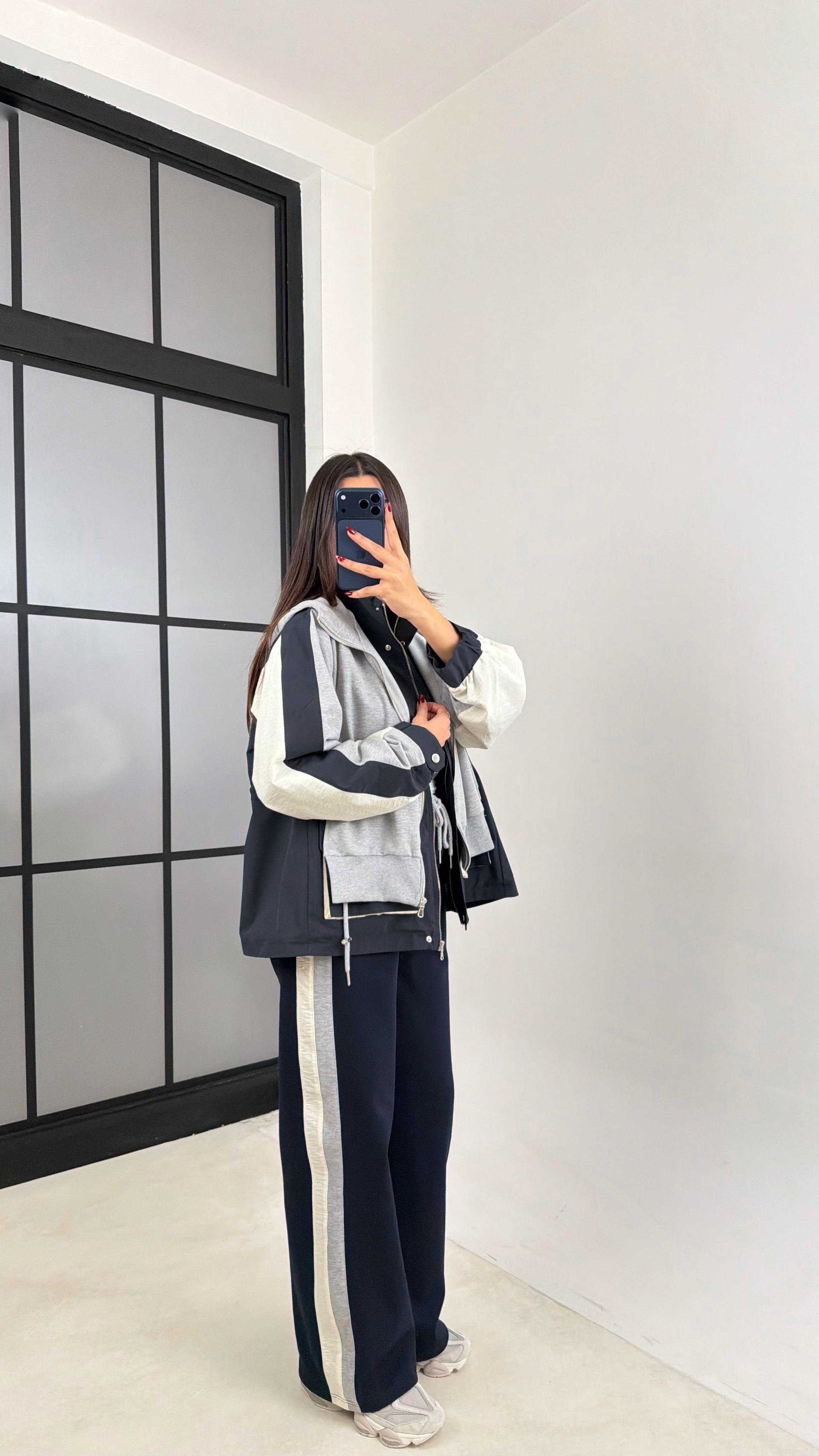 Lacivert Garnili Ceket Beli Lastikli Pantolon İkili Tasarım Takım GAUS-00699GAUSTAKIMGAUS-00699