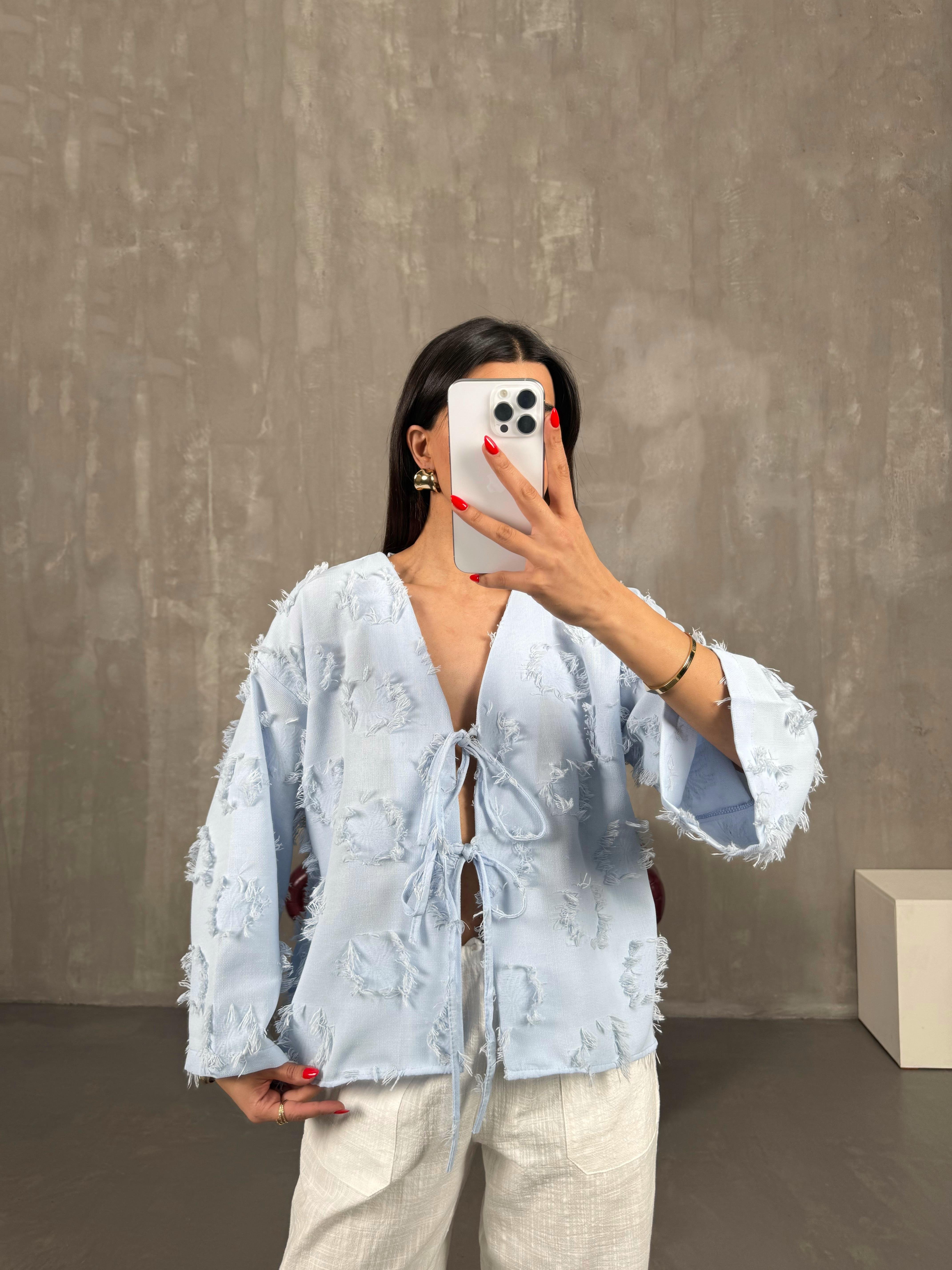 Zenit Mavi Püskül Detaylı Bağlamalı Keten GömlekGausGÖMLEKGU1001372