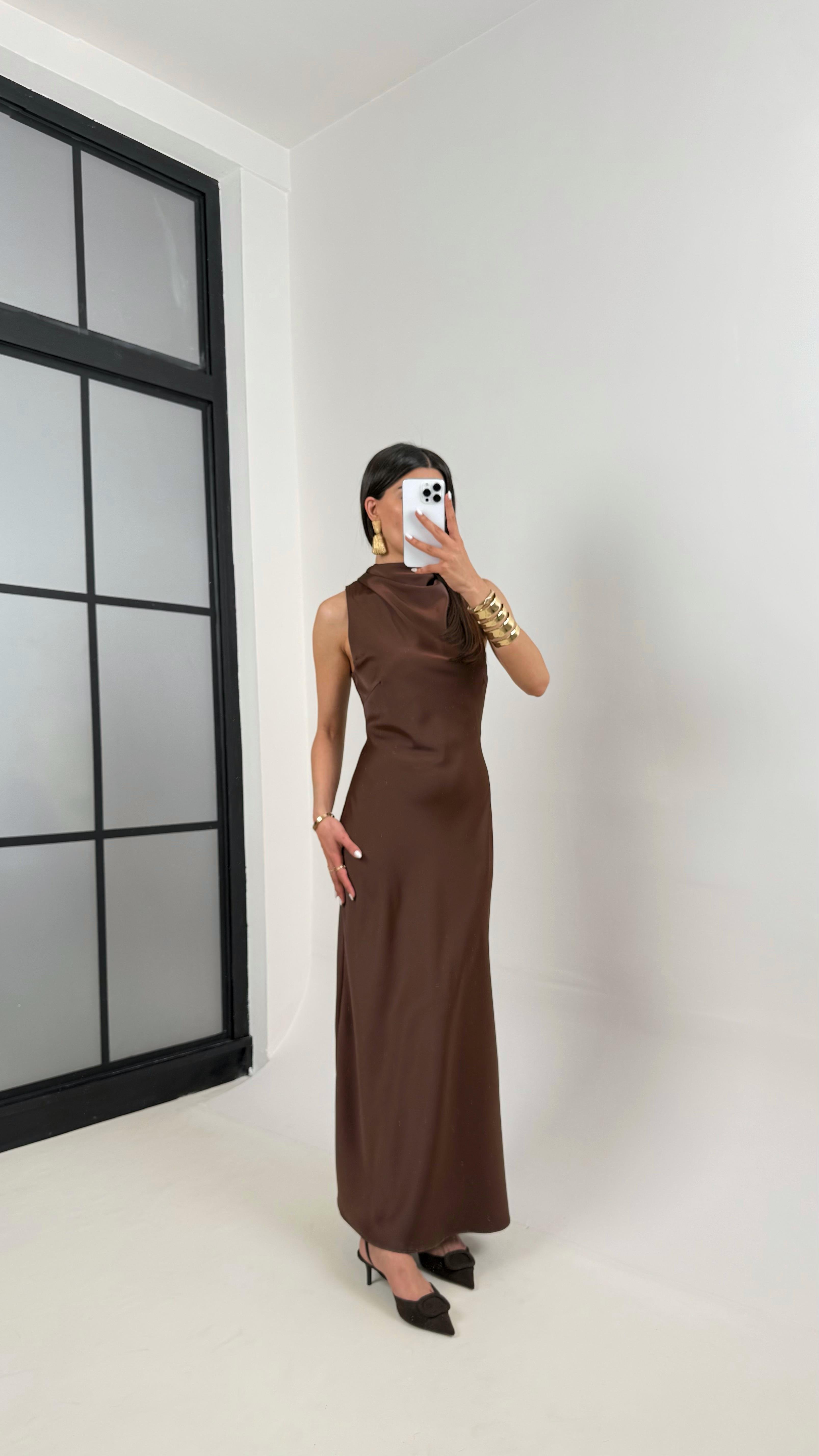 Kahve Yaka Drapeli Saten Elbise Gaus00364GausDressesGU1001844