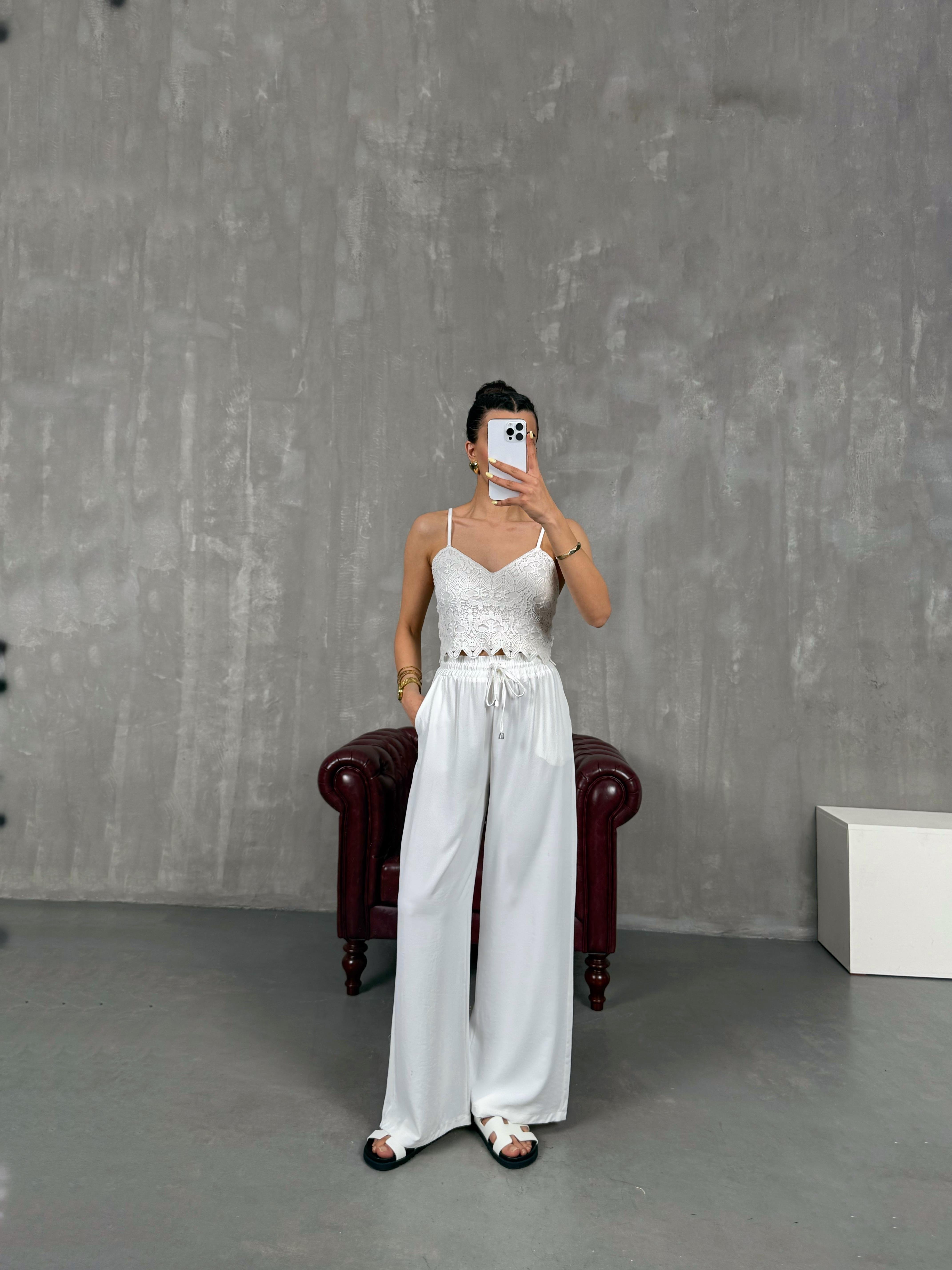 Beyaz Beli Lastikli Salaş Pantolon Gaus00121GausPANTOLONGU1001273