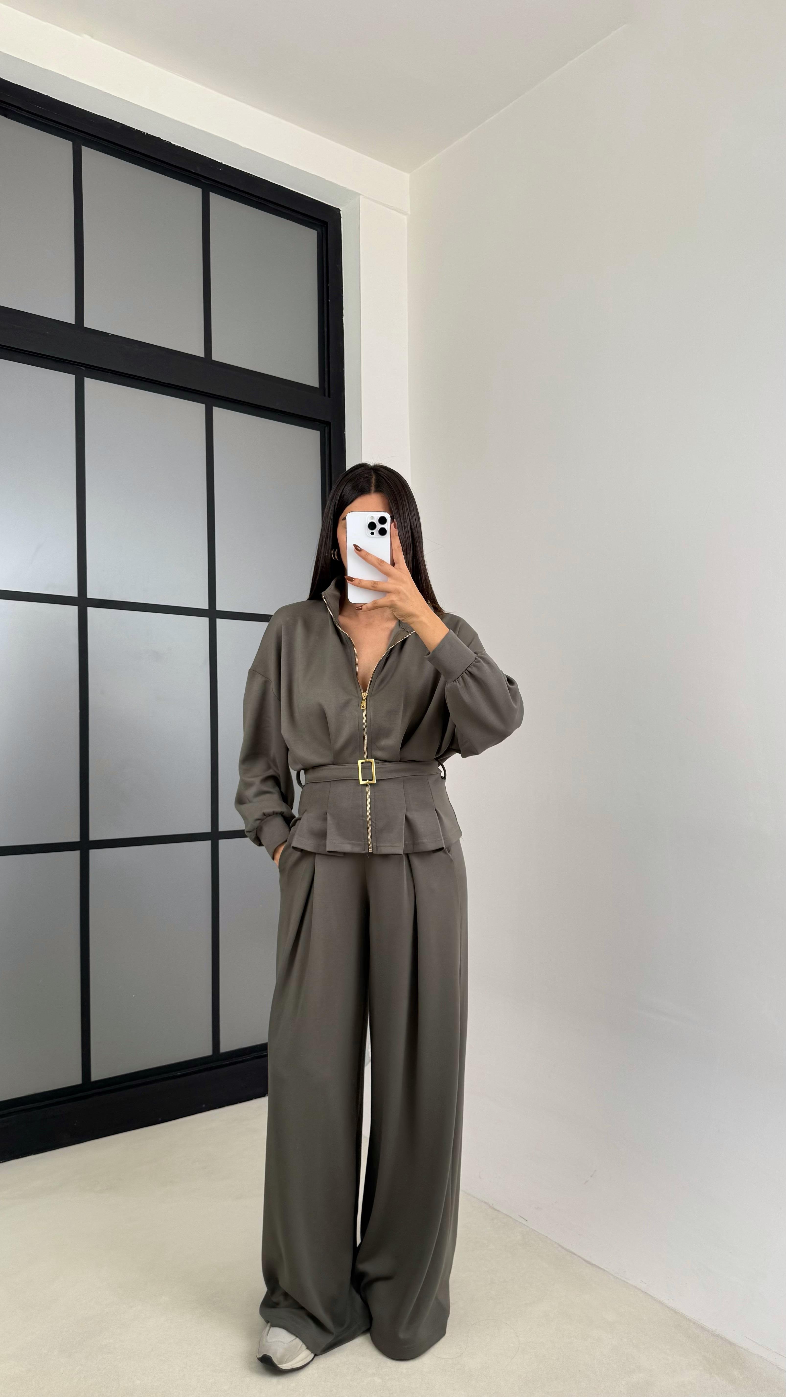 Haki Kemer Detaylı Hırka Beli Lastikli Geniş Paça Pantolon Modal Takım GAUS-00188GAUSTAKIMGAUS-00188