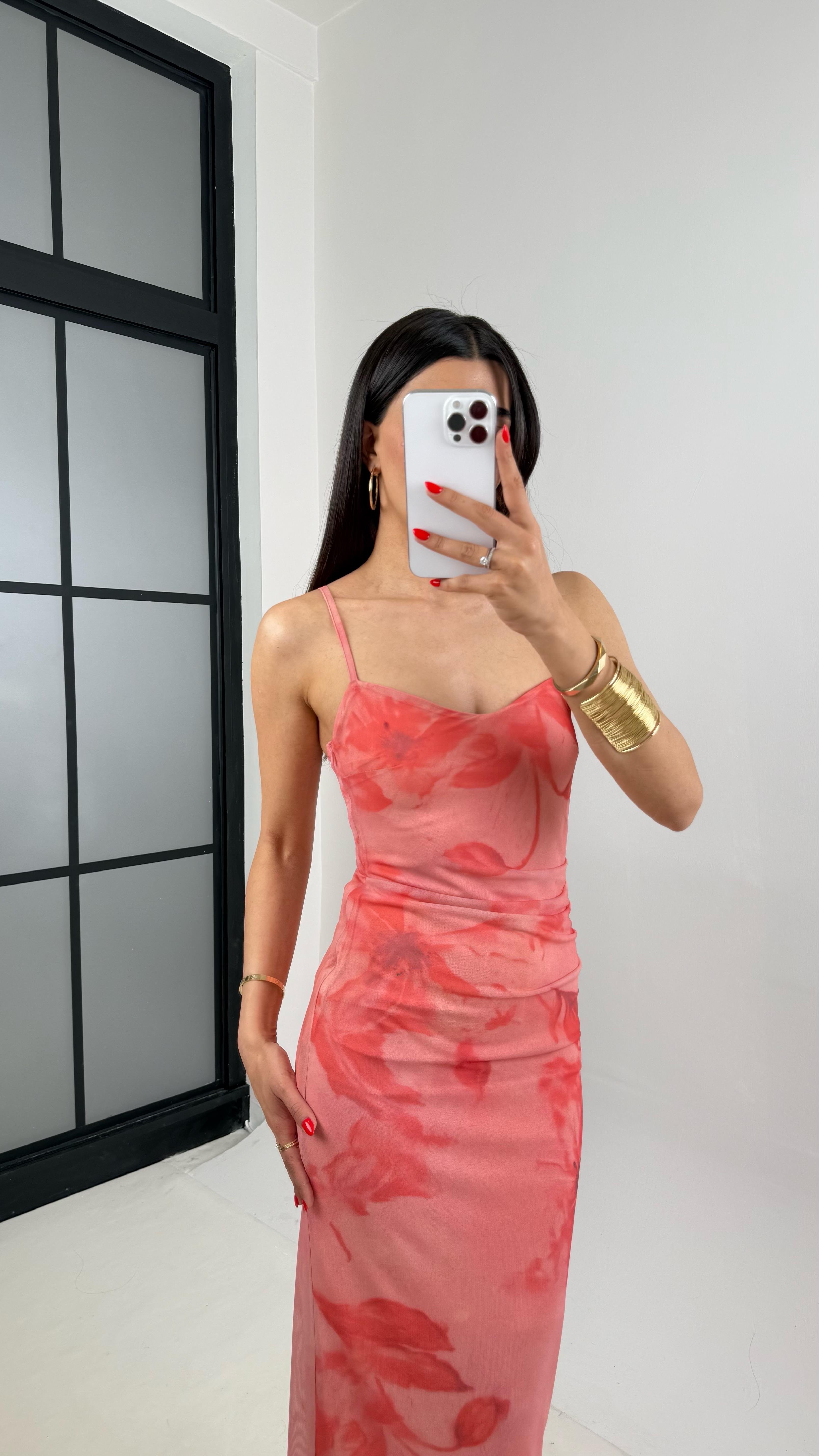 Pembe Çiçek Baskılı Astarlı Ayarlanabilir Askılı Tül Elbise Gaus00291GausELBİSEGU1002068