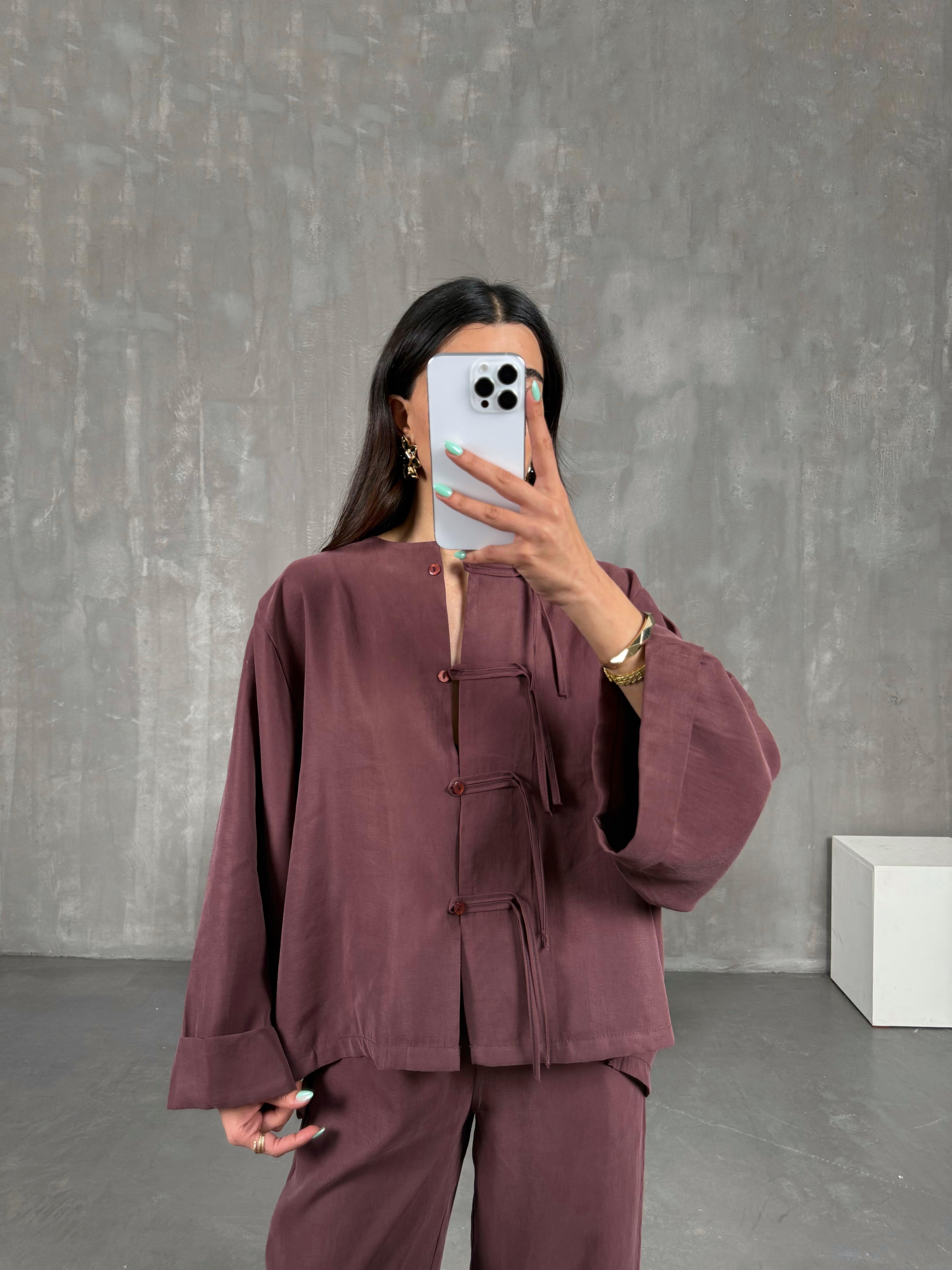 Bordo Yaka Düğmeli Gömlek Beli Lastikli Pantolon Tensel Takım Gaus00238GausTAKIMGU1001551