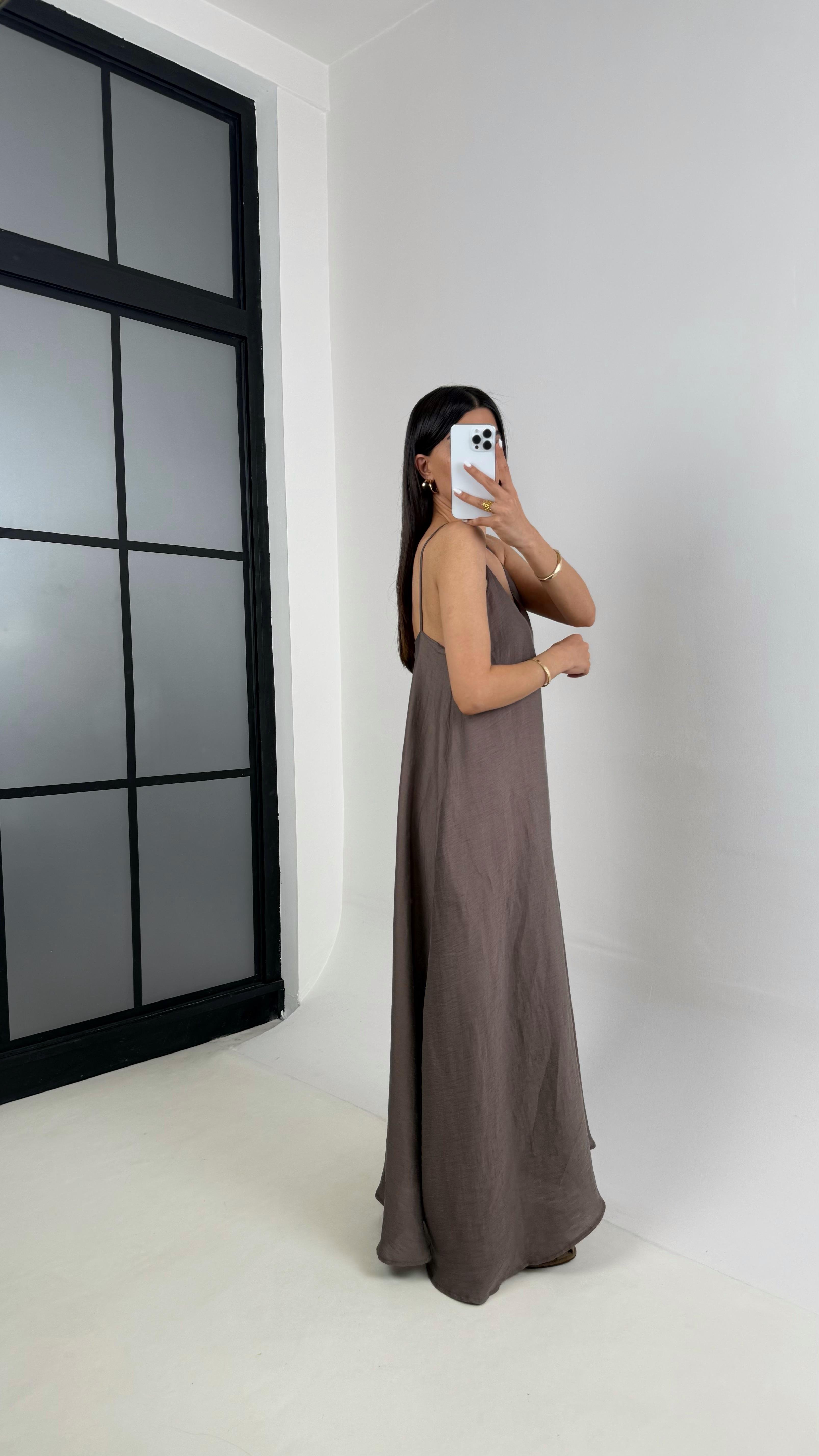 Kahve Askılı Astarlı Cepli Tencel Elbise Gaus00449GausELBİSEGU1002046