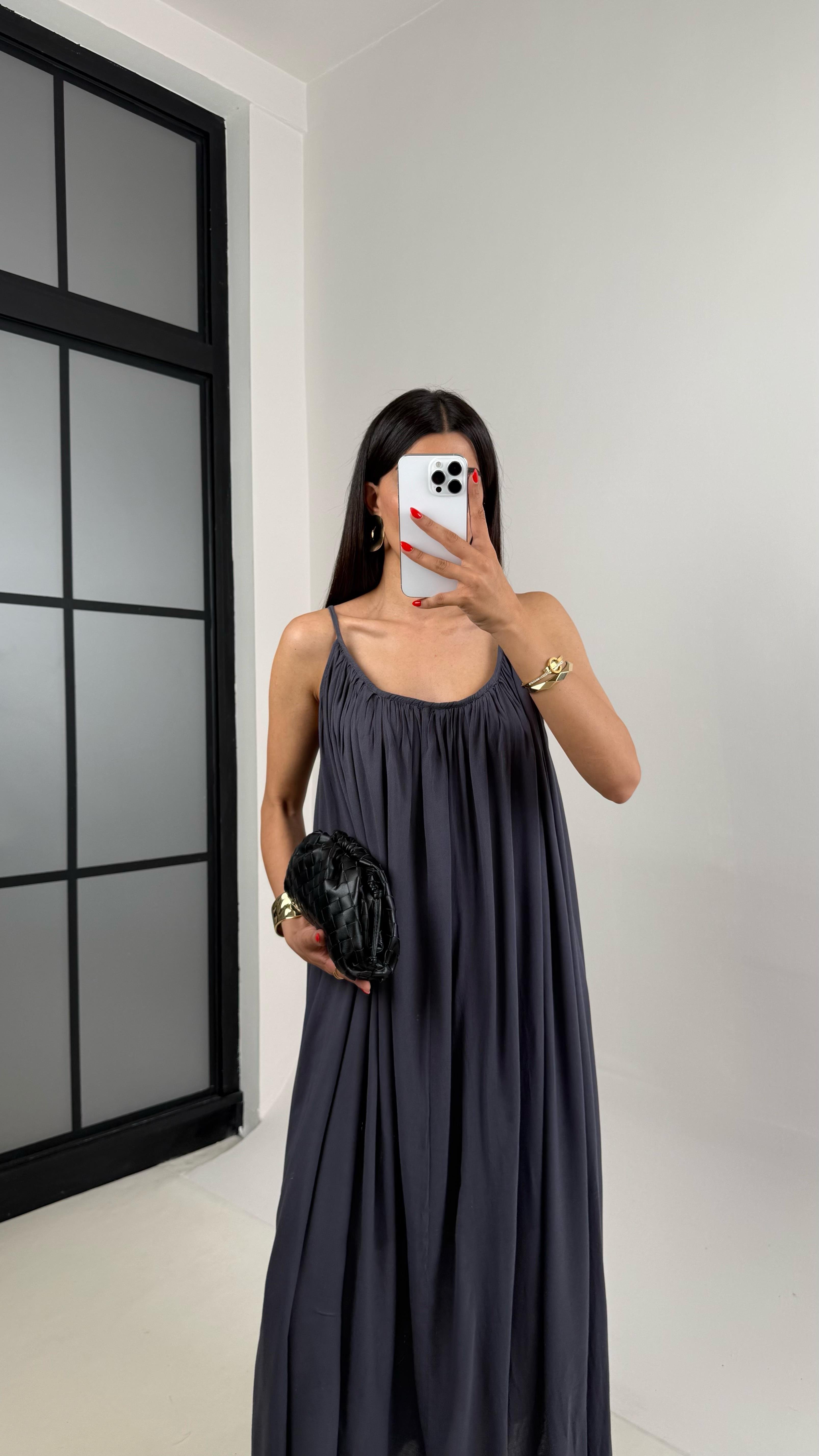 Antrasit Ayarlanabilir Askılı MD Muadil Astarlı Keten Elbise Gaus00474GausELBİSEGU1002109