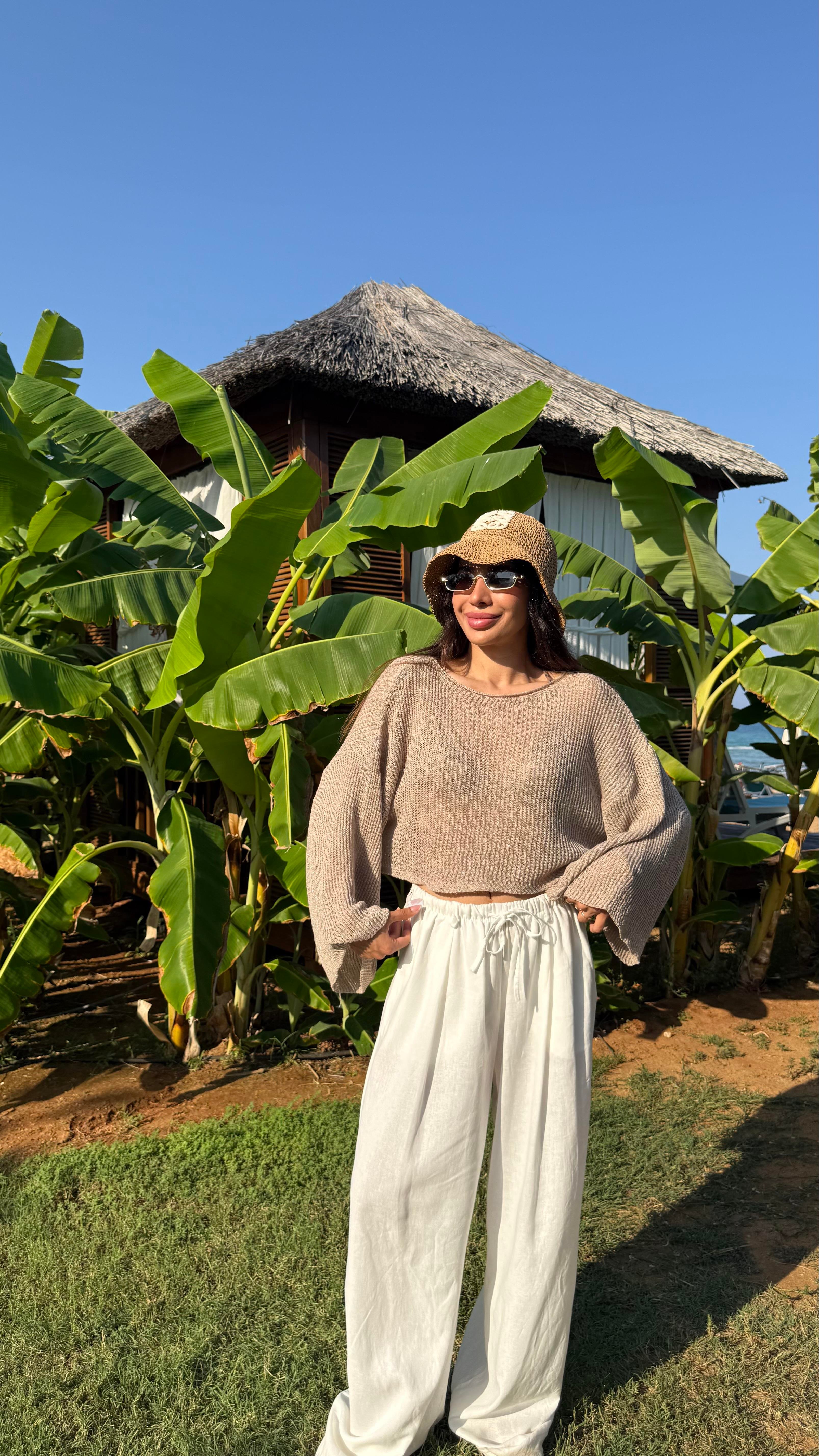 Haki Önden Bağlamlı Beli Lastikli Bluz Etek İkili Kırışık Tencel Takım Gaus00655Gausالكروب توب GU1002520