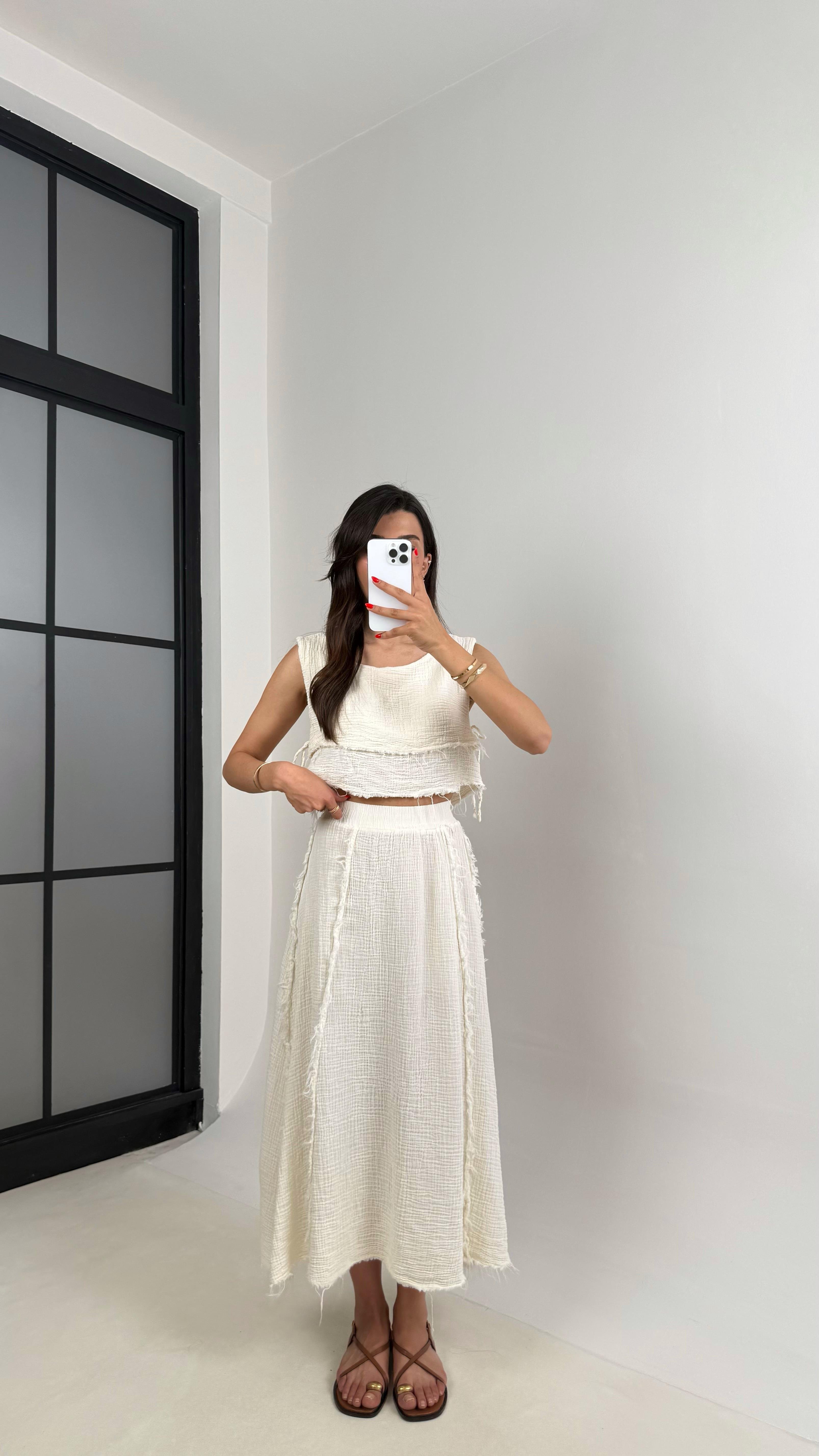 Ekru Püskül Detaylı Katlı Bluz Beli Lastikli Etek Müslin Takım Gaus00516GausTAKIMGU1002209