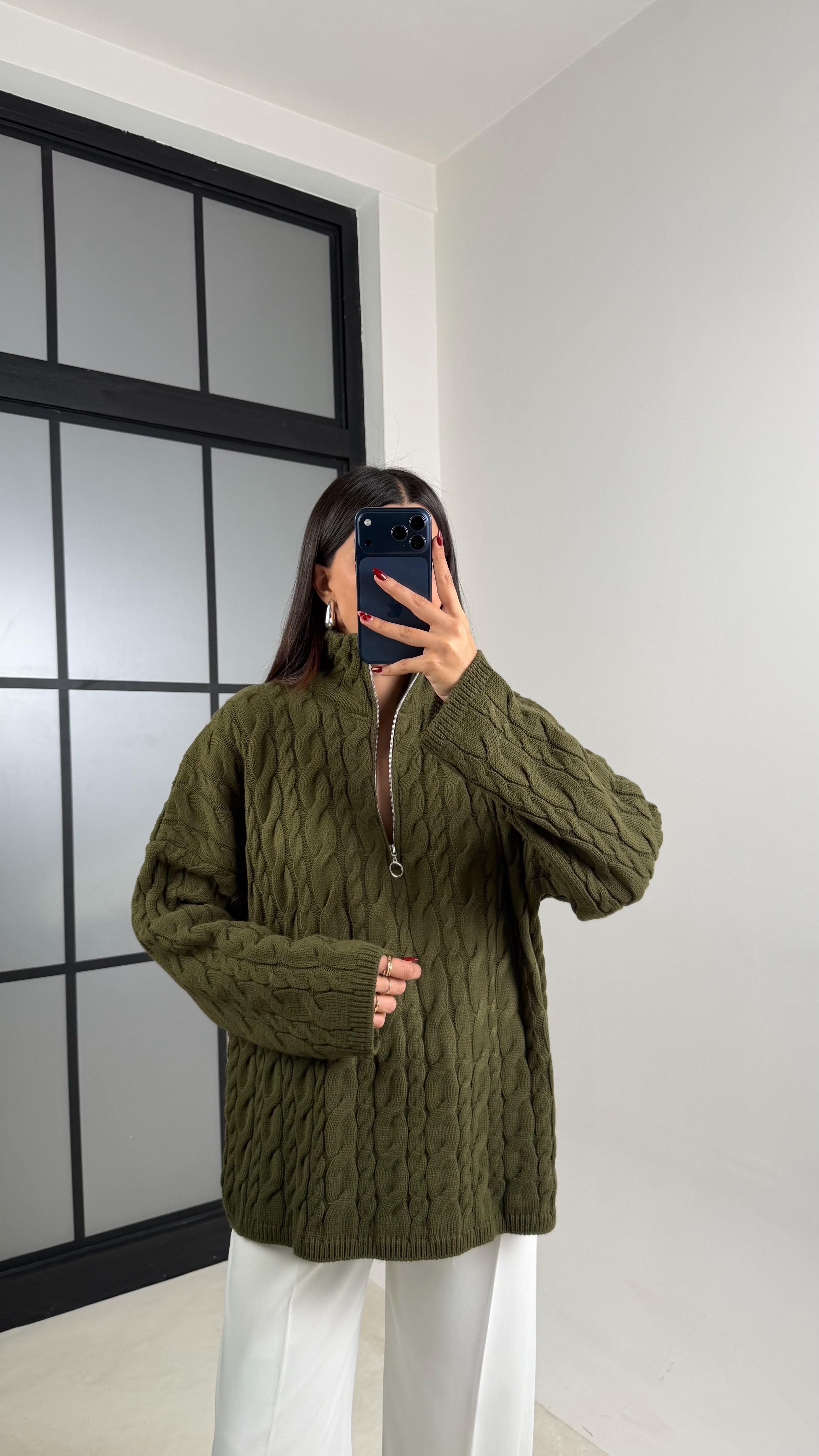 Haki Fermuarlı Örgü Kazak GAUS-00213GAUS الكنزات GAUS-00213