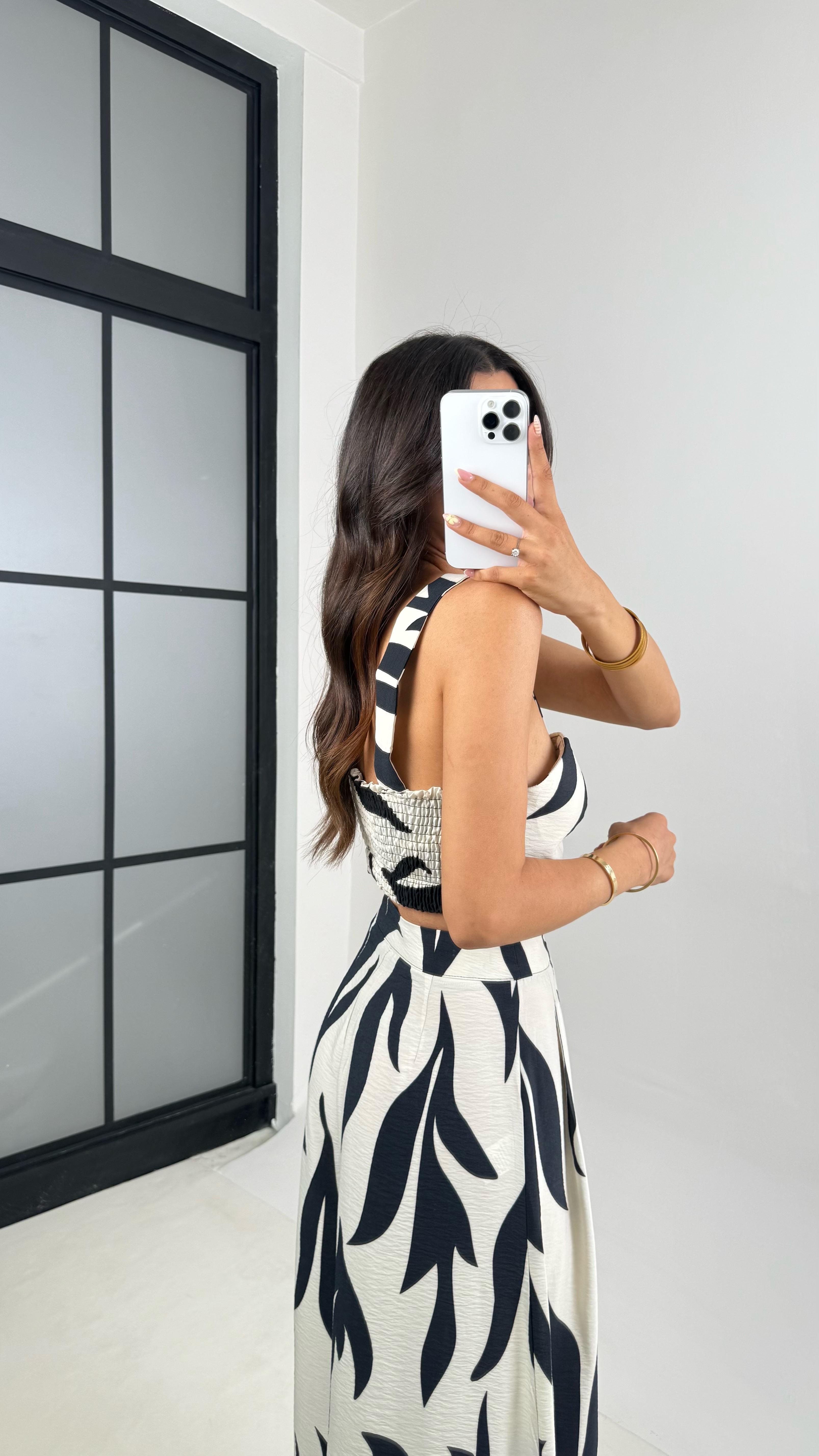 Ekru Desenli Beli Lastikli Crop Cepli Pantolon İkili Premium Takım Gaus00676GausTAKIMGU1002557