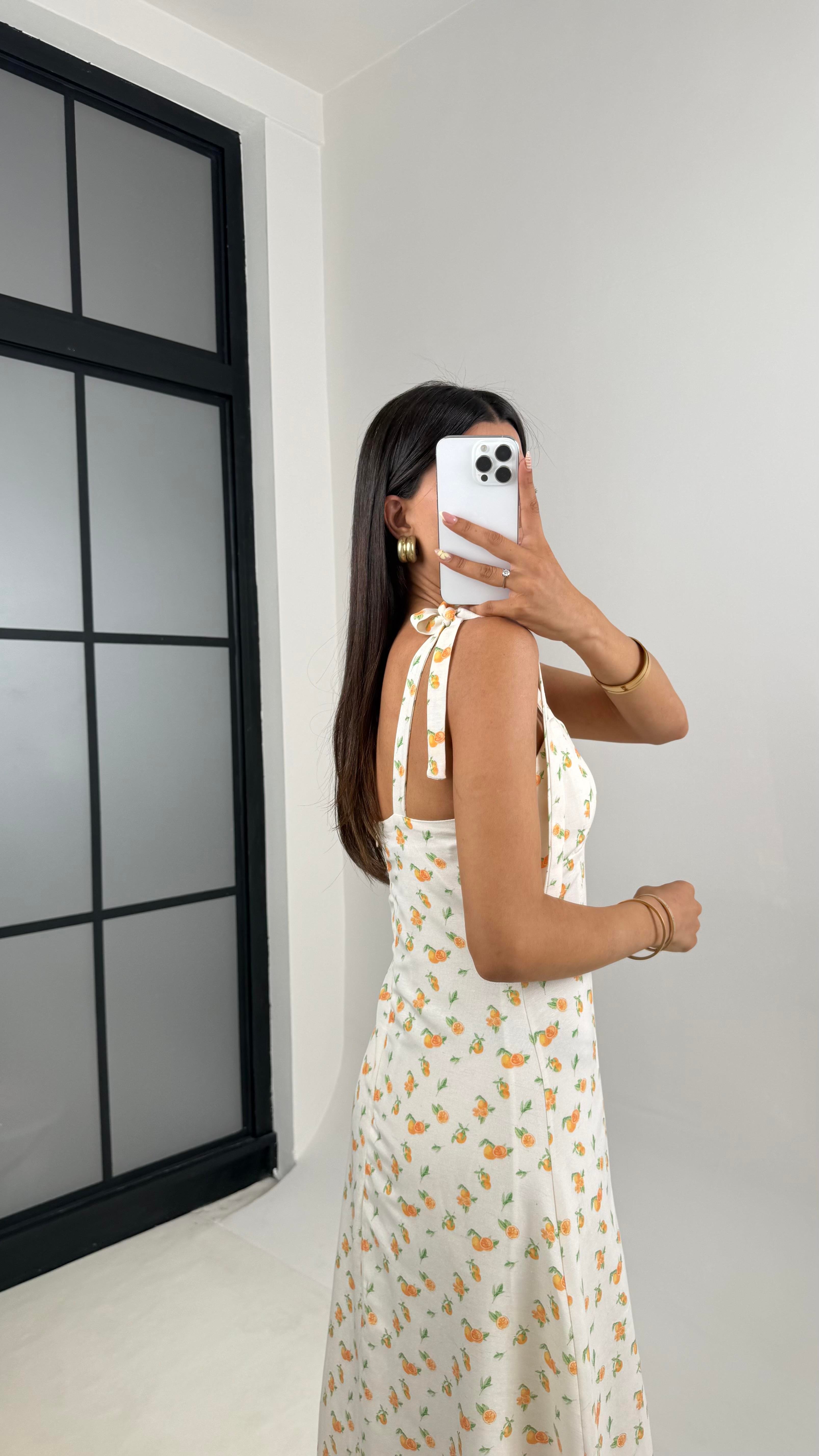 Beyaz Portakal Desenli Omuz Bağlamalı Astarlı Pinterest Keten Elbise Gaus00664GausELBİSEGU1002533