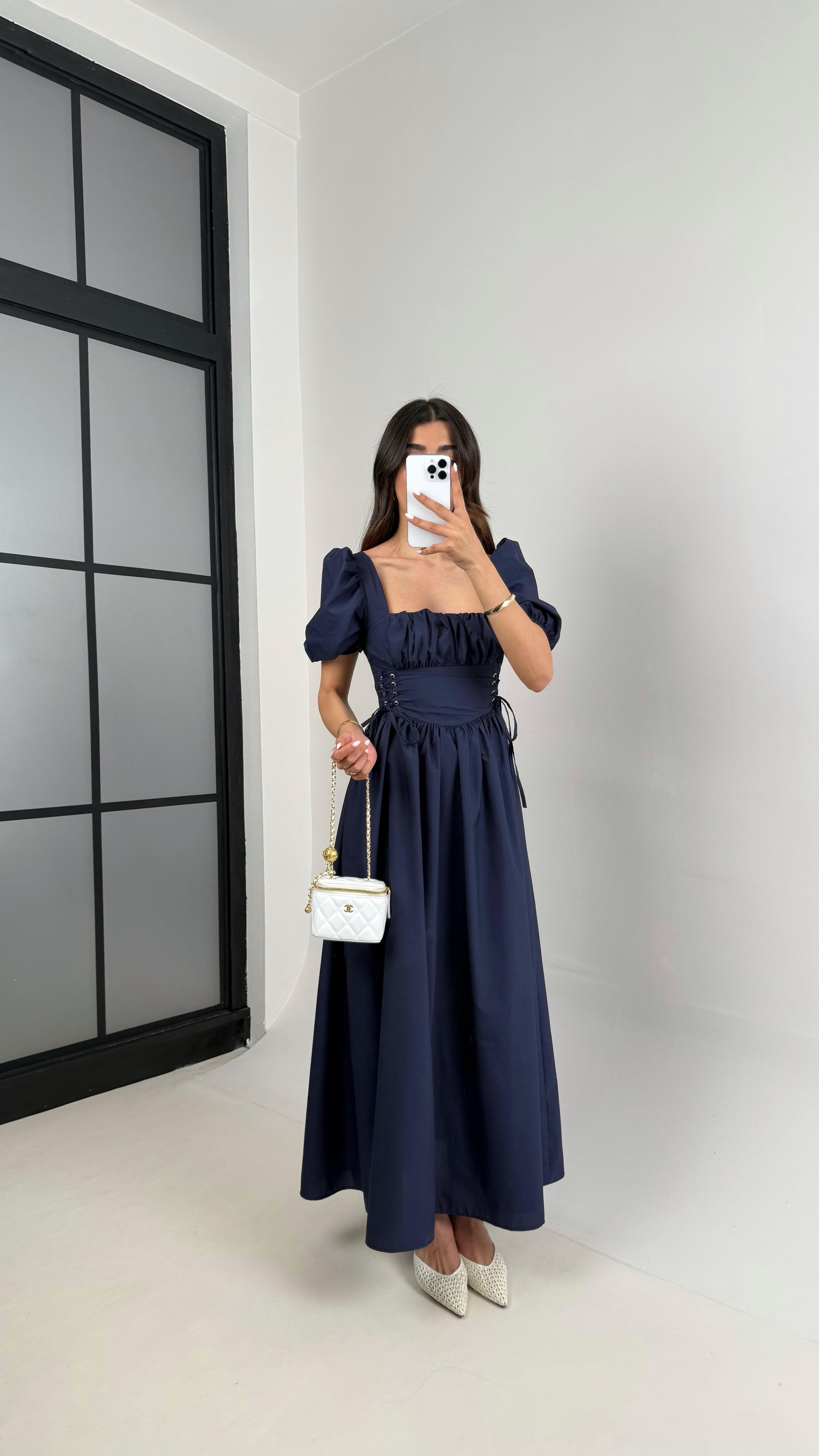 Lacivert Balon Kol Önü Büzgülü İthal Kumaş Elbise Gaus00425GausELBİSEGU1001990