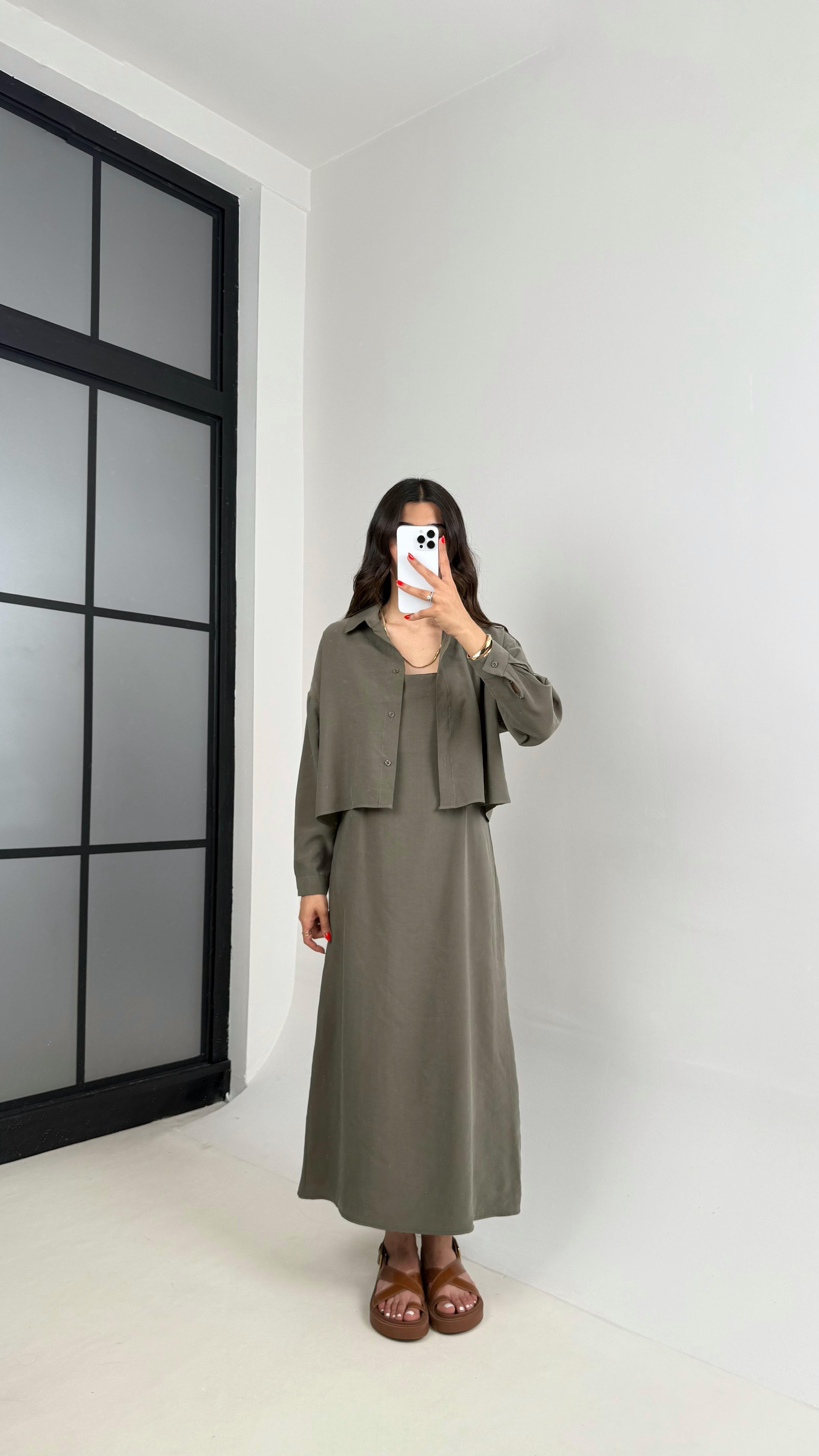 Haki Ayarlanabilir Askılı Elbise Gömlek İkili Tensel Takım Gaus00467GausTAKIMGU1002094