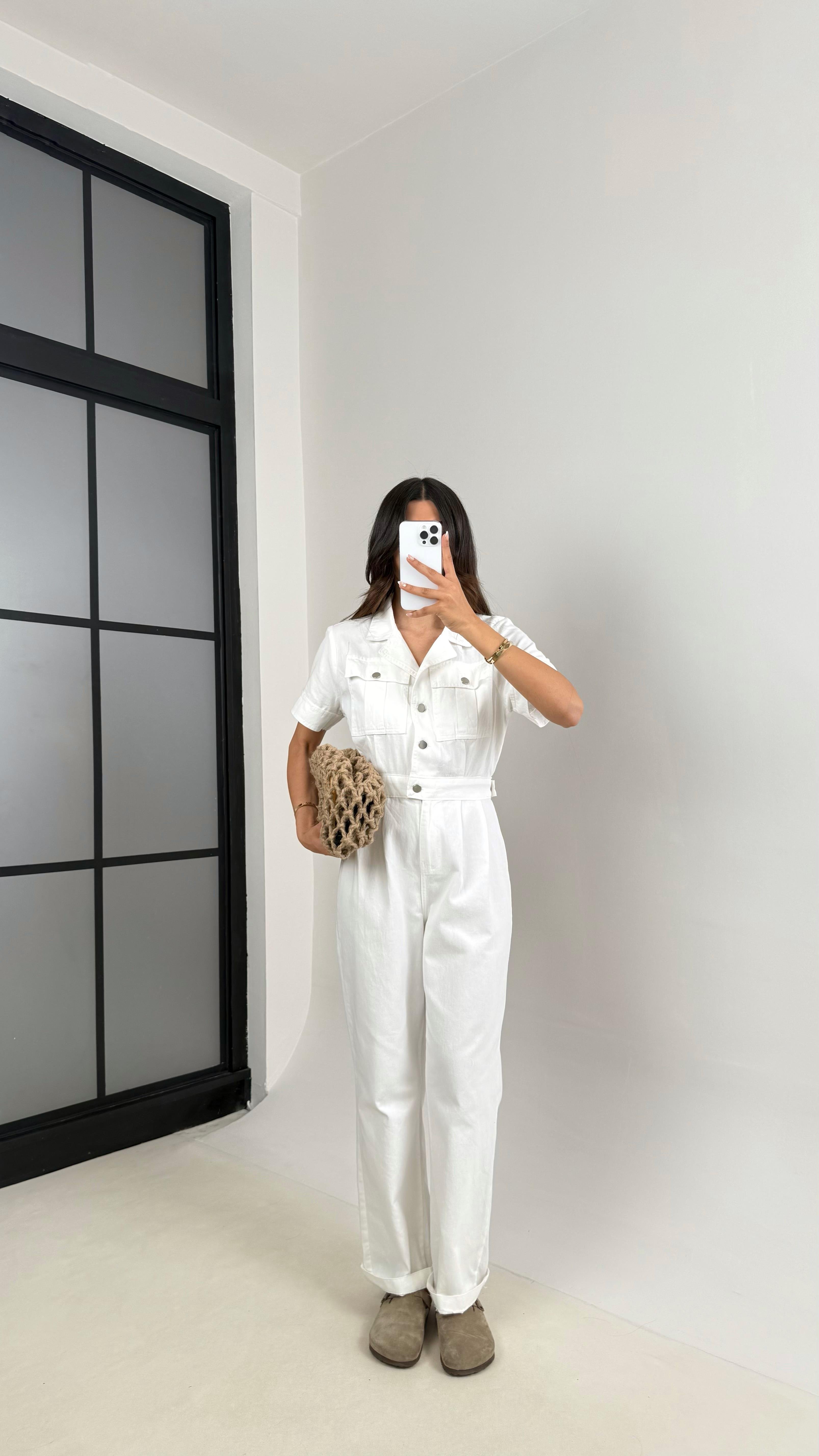 Beyaz Cep Detaylı Düğmeli Denim Tulum Gaus00529Gaus الأوفرول GU1002239