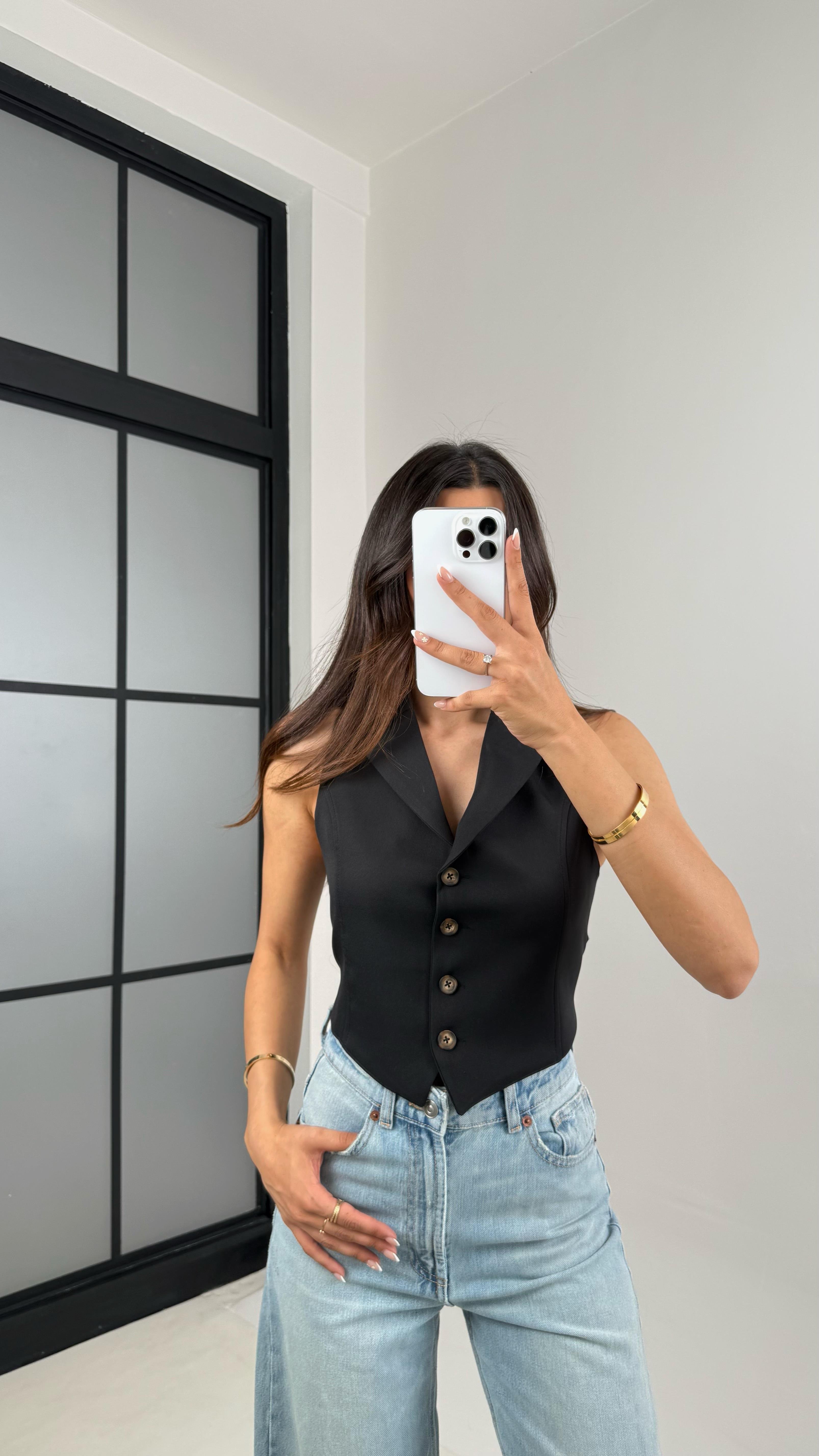 Siyah Sırt Dekolteli Astarlı Yelek Gaus00562Gaus السترات الصوفية GU1002309