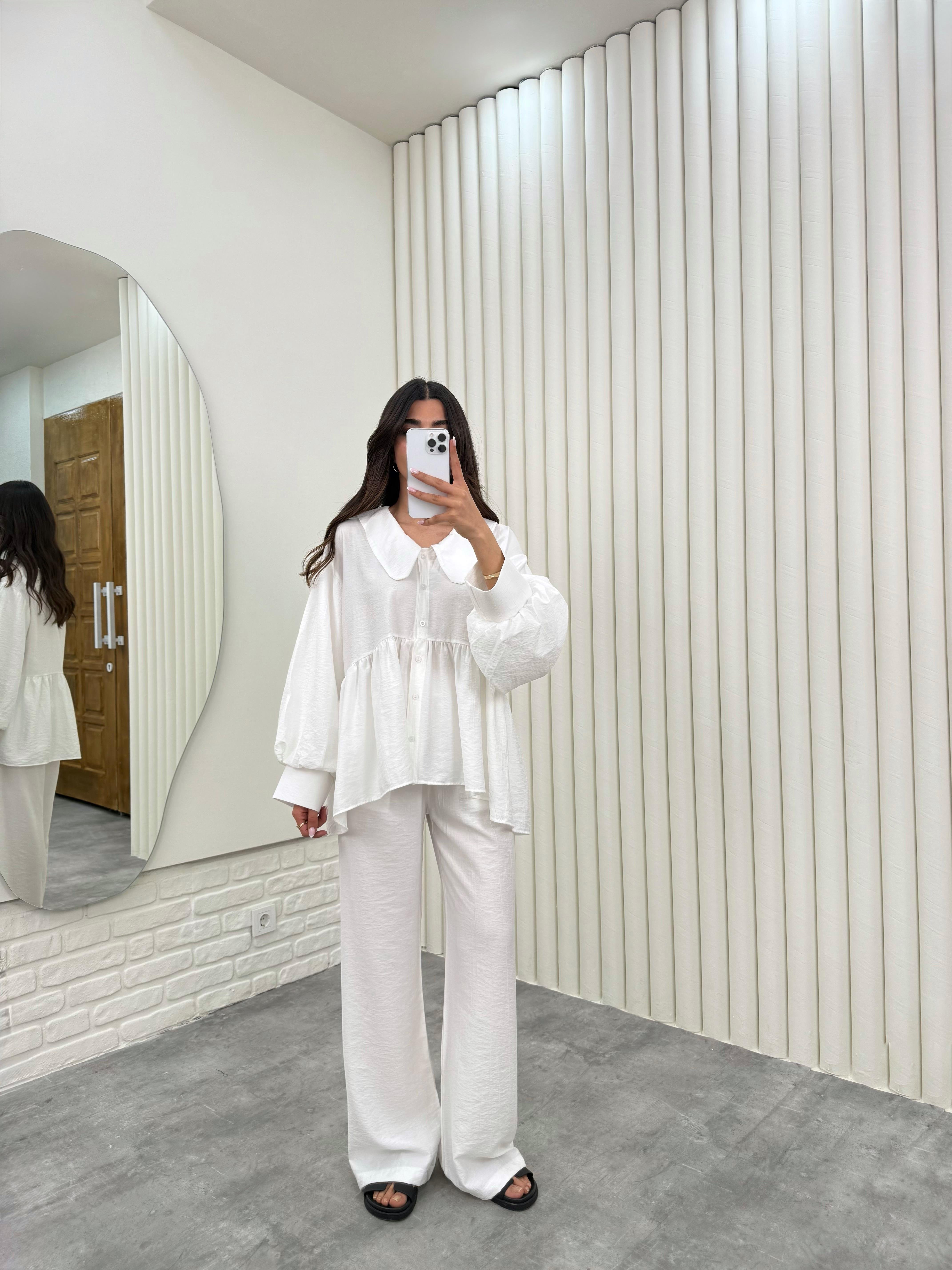 Beyaz Bağlamalı Bebe Yaka Üst Beli Lastikli Cepli Pantolon İthal Kumaş Takım Gaus00292GausTAKIMGU1001677