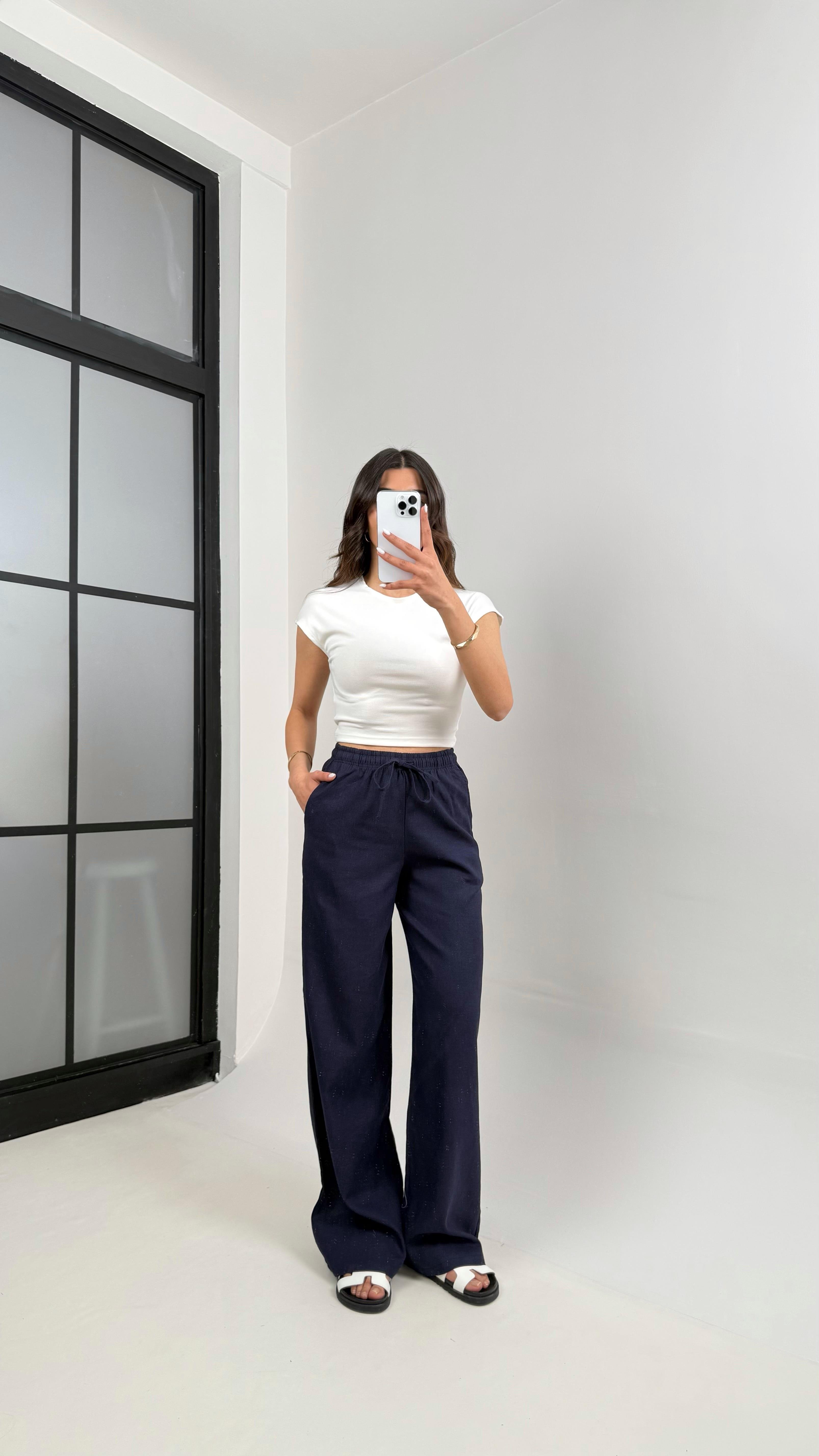 Lacivert Beli Lastikli Muadil Keten Pantolon Gaus00346GausPANTOLONGU1001808