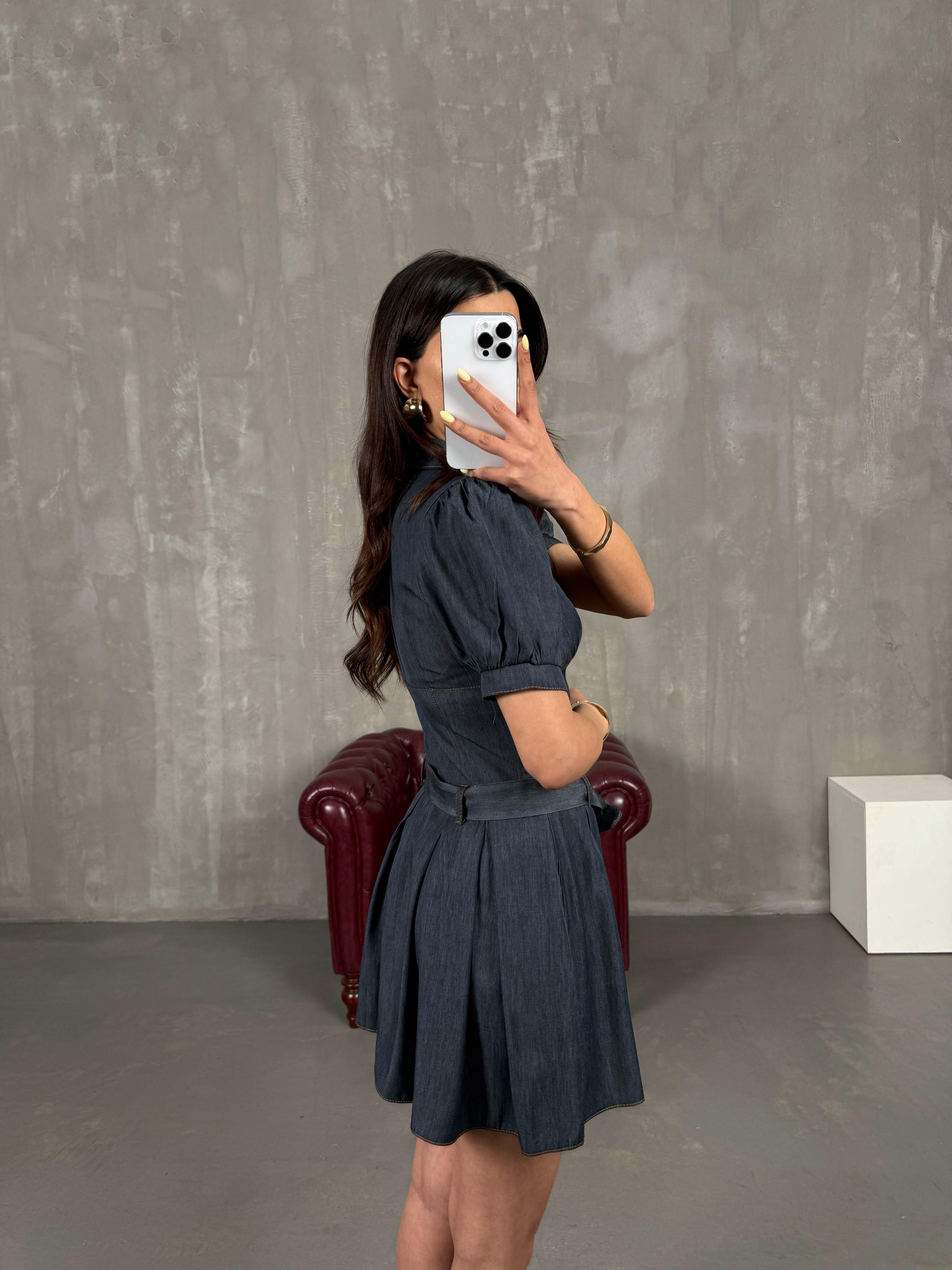 Antrasit Kısa Balon Kollu Kuşaklı İnce Denim Elbise Gaus00149GausELBİSEGU1001347