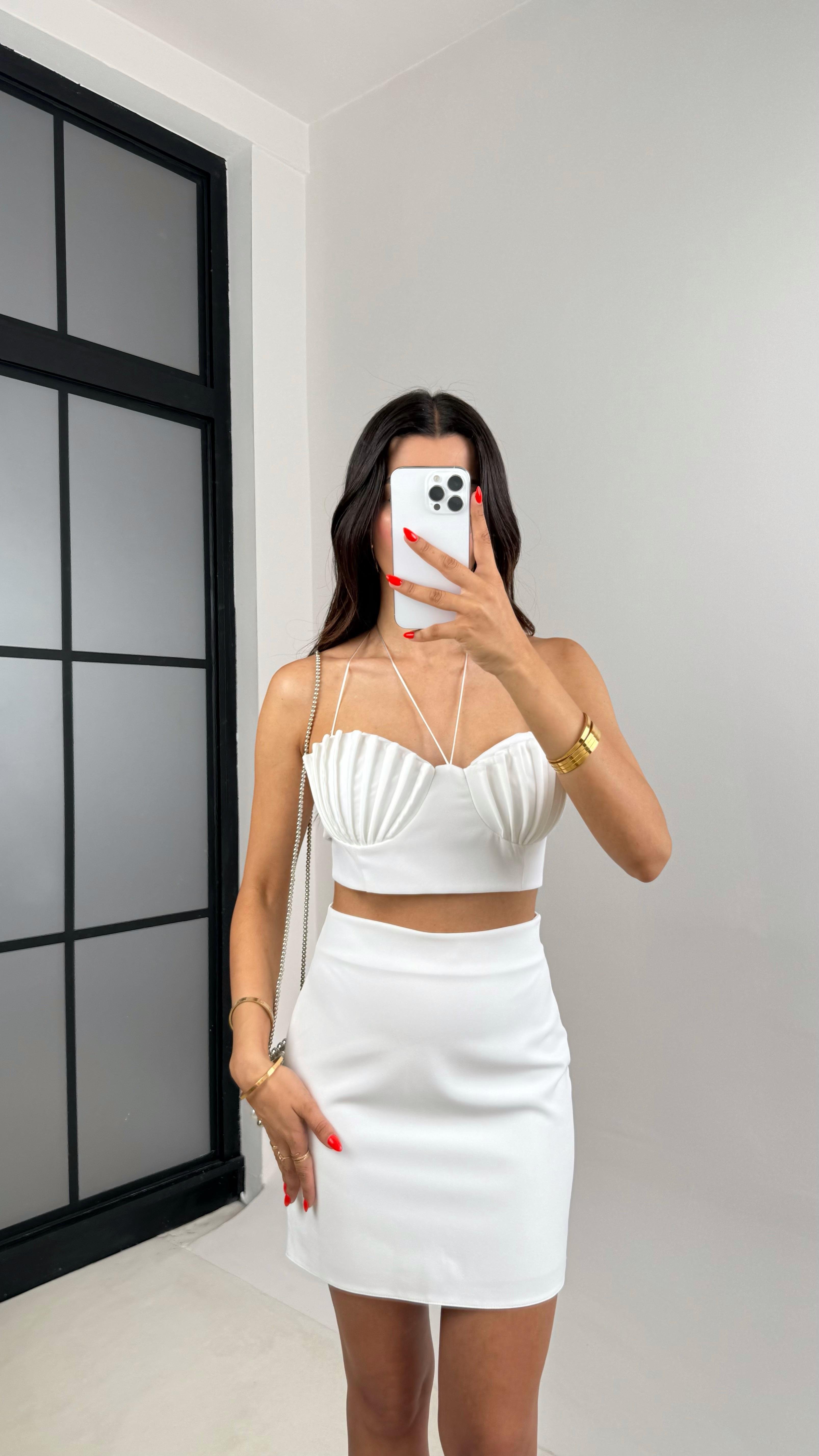 Beyaz Boyundan Bağlamalı Crop Etek İkili Premium Tasarım Takım GAUS-0012GAUSTAKIMGAUS-0012