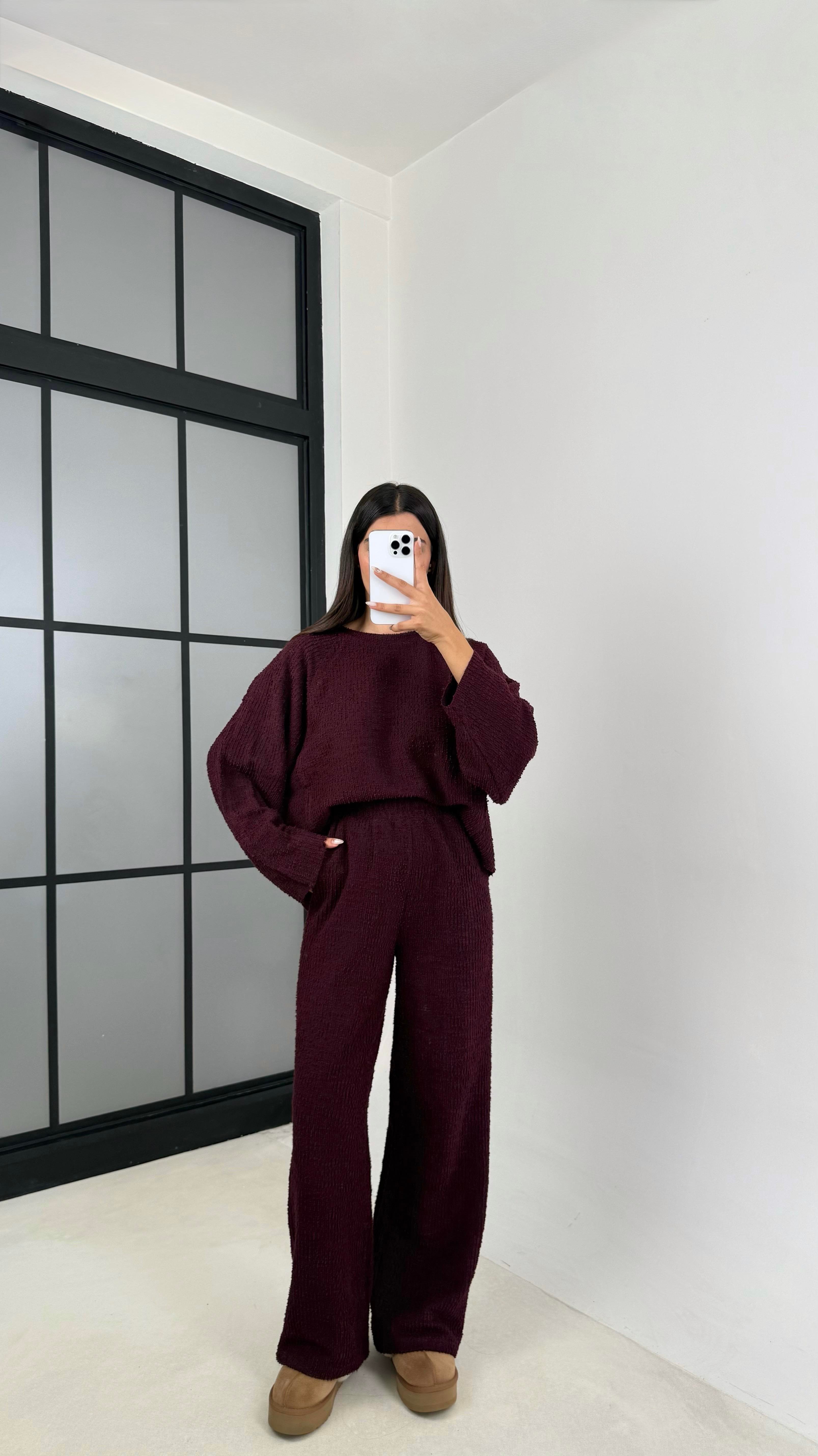 Bordo Kazak Beli Lastikli Pantolon Buklet Kumaş İkili Takım GAUS-00138GAUSTAKIMGAUS-00138