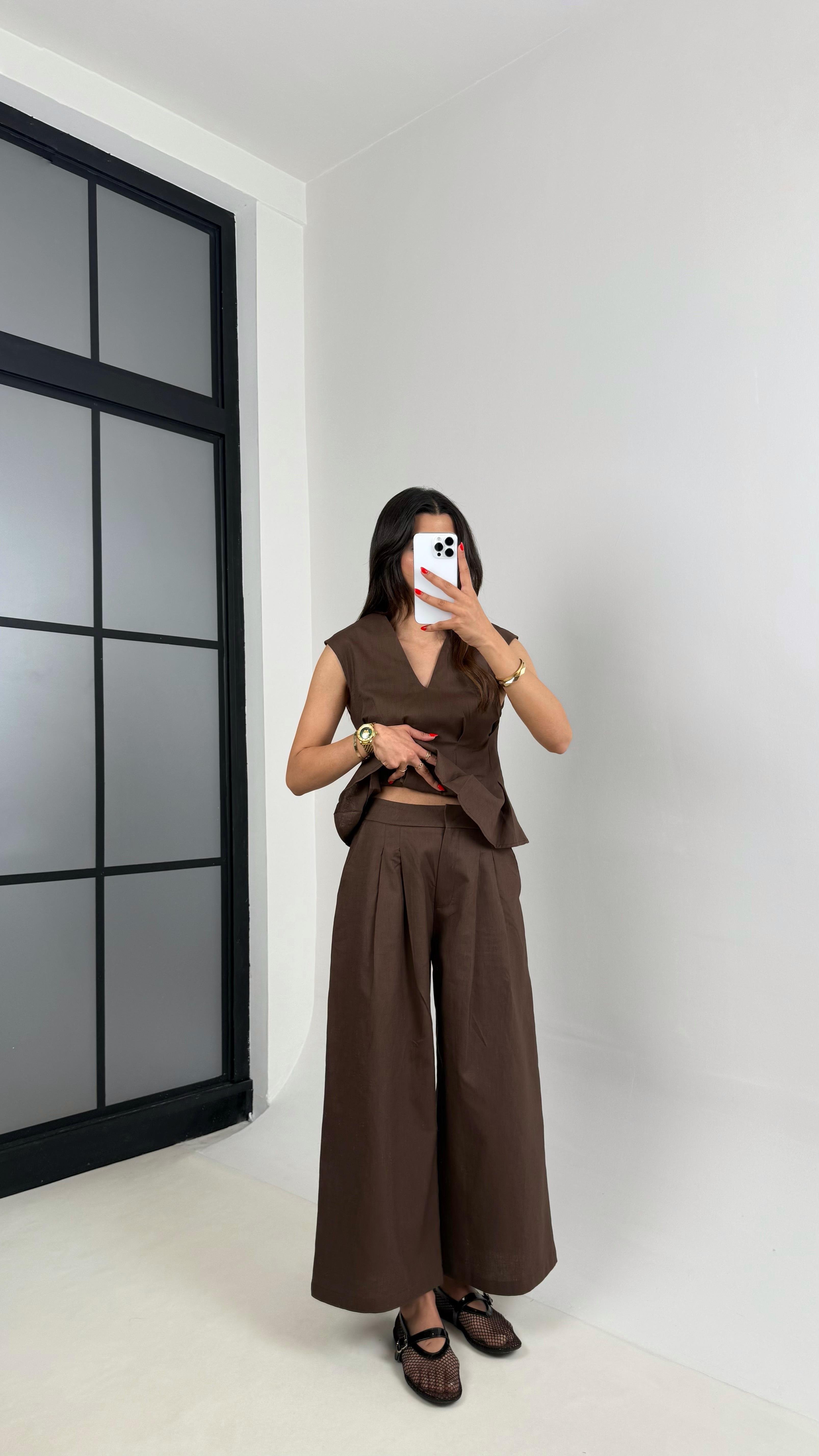 Acı Kahve V Yaka Bluz Cepli Pantolon % 100 Ham Keten Takım Gaus00483 GausTAKIMGU1002132