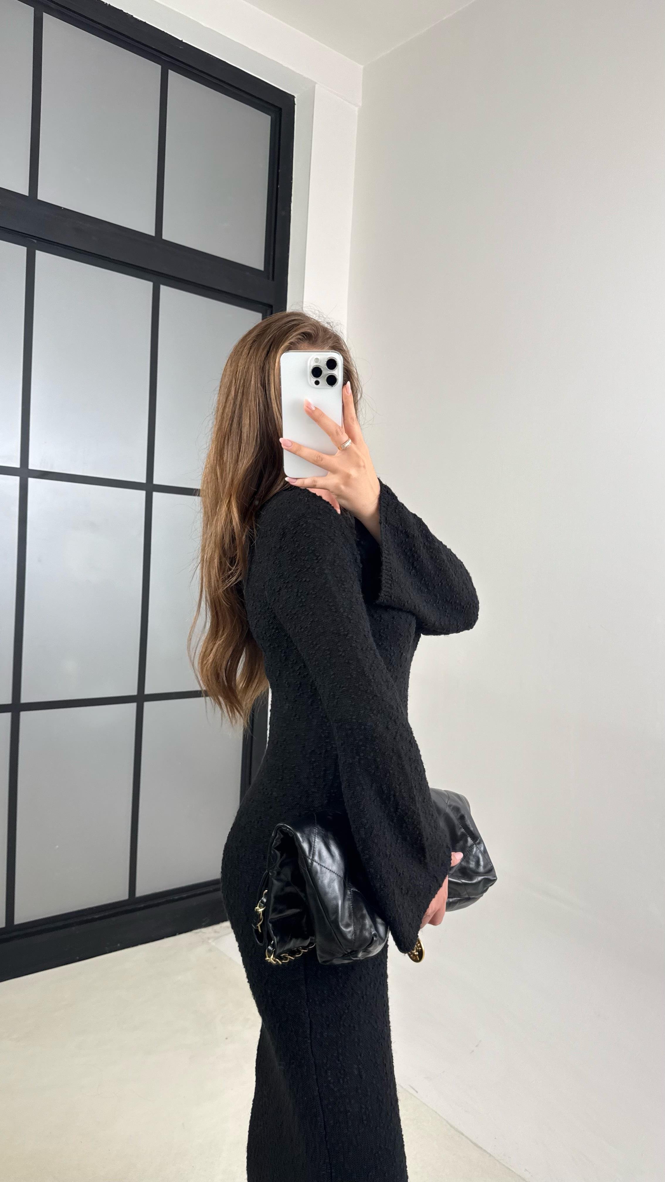 Siyah Bisiklet Yaka Tasarım Uzun Triko Elbise GAUS-00125GAUSELBİSEGAUS-00125