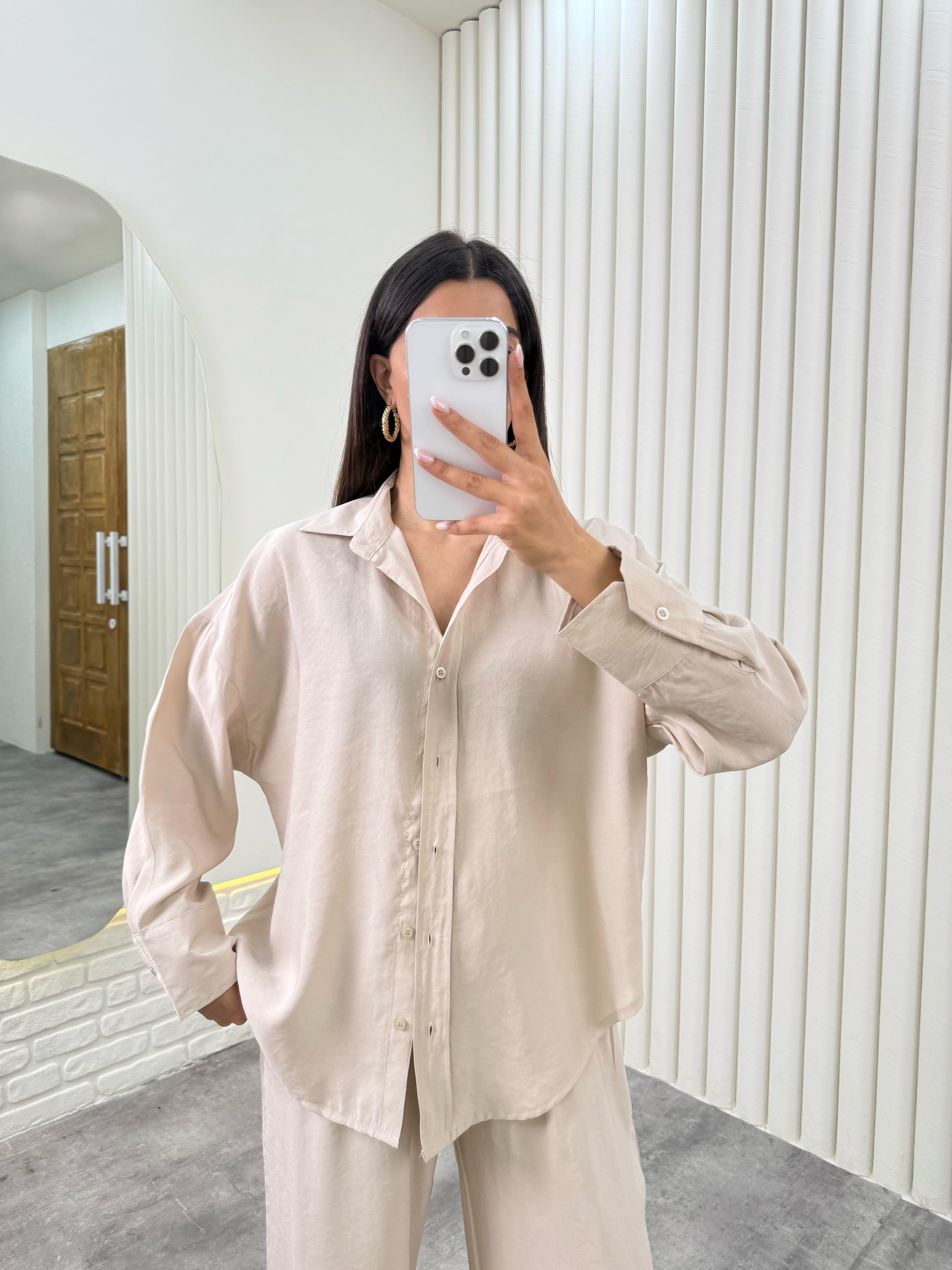 Taş  Gömlek Beli Lastikli Pantolon Premium Tensel Takım Gaus00322GausTAKIMGU1001747