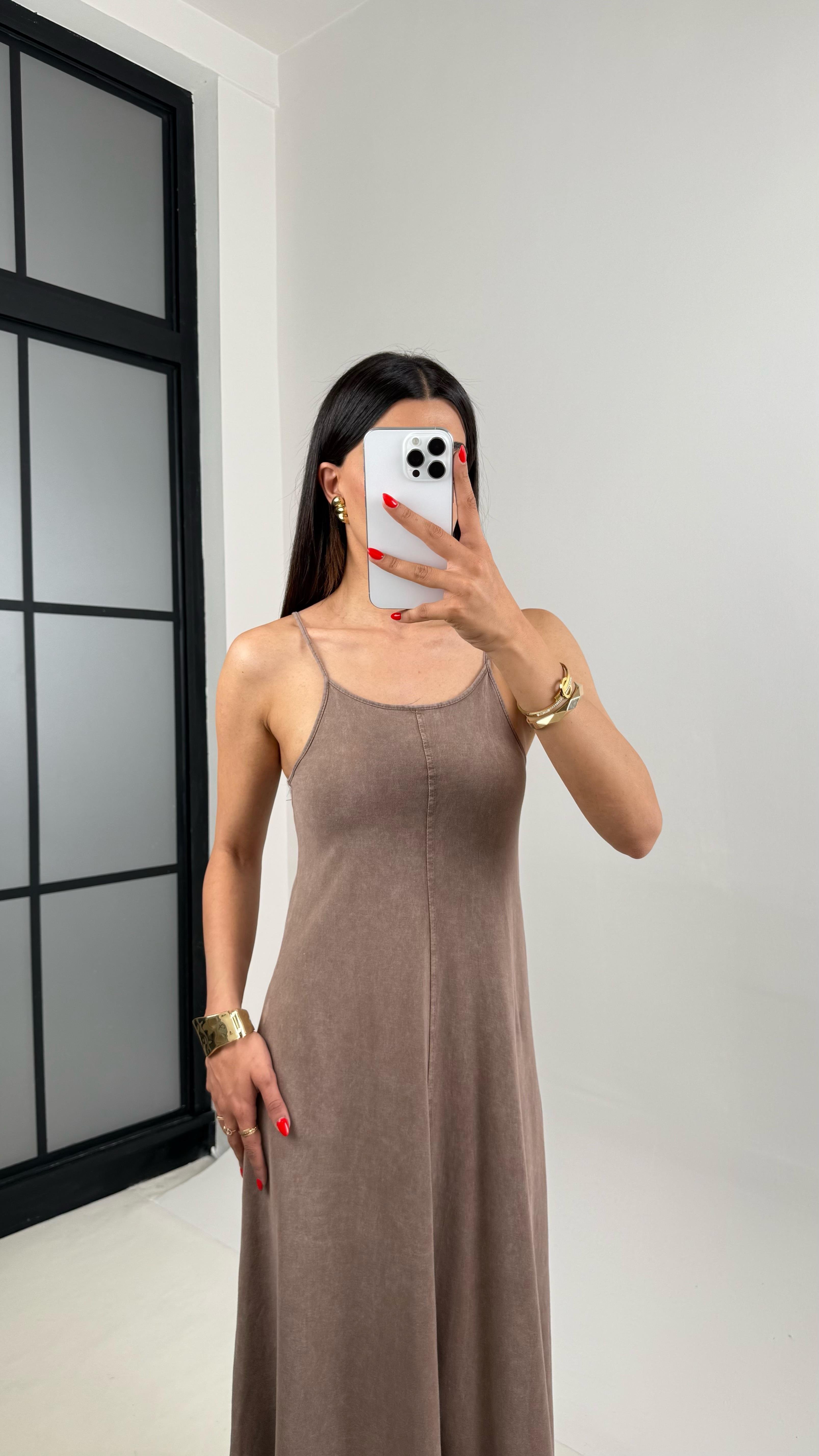 Kahve Yıkamalı Basic Ayarlanabilir Askılı Modal Kumaş Elbise Gaus00472GausELBİSEGU1002104