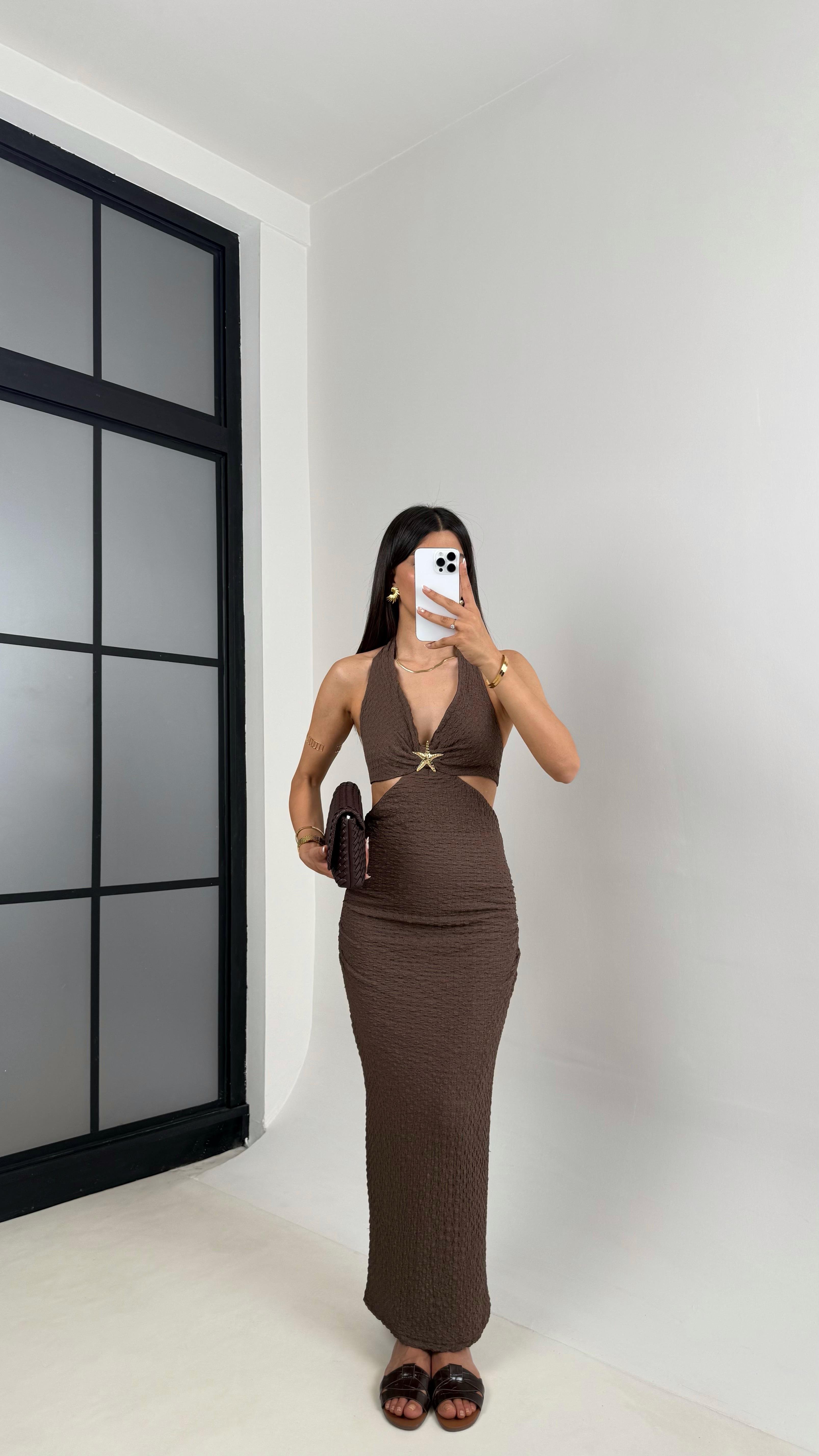 Kahve Boyundan Bağlamalı Astarlı Gold Yıldız Tokalı Dekolteli Bürümcük Elbise Gaus00582GausELBİSEGU1002358