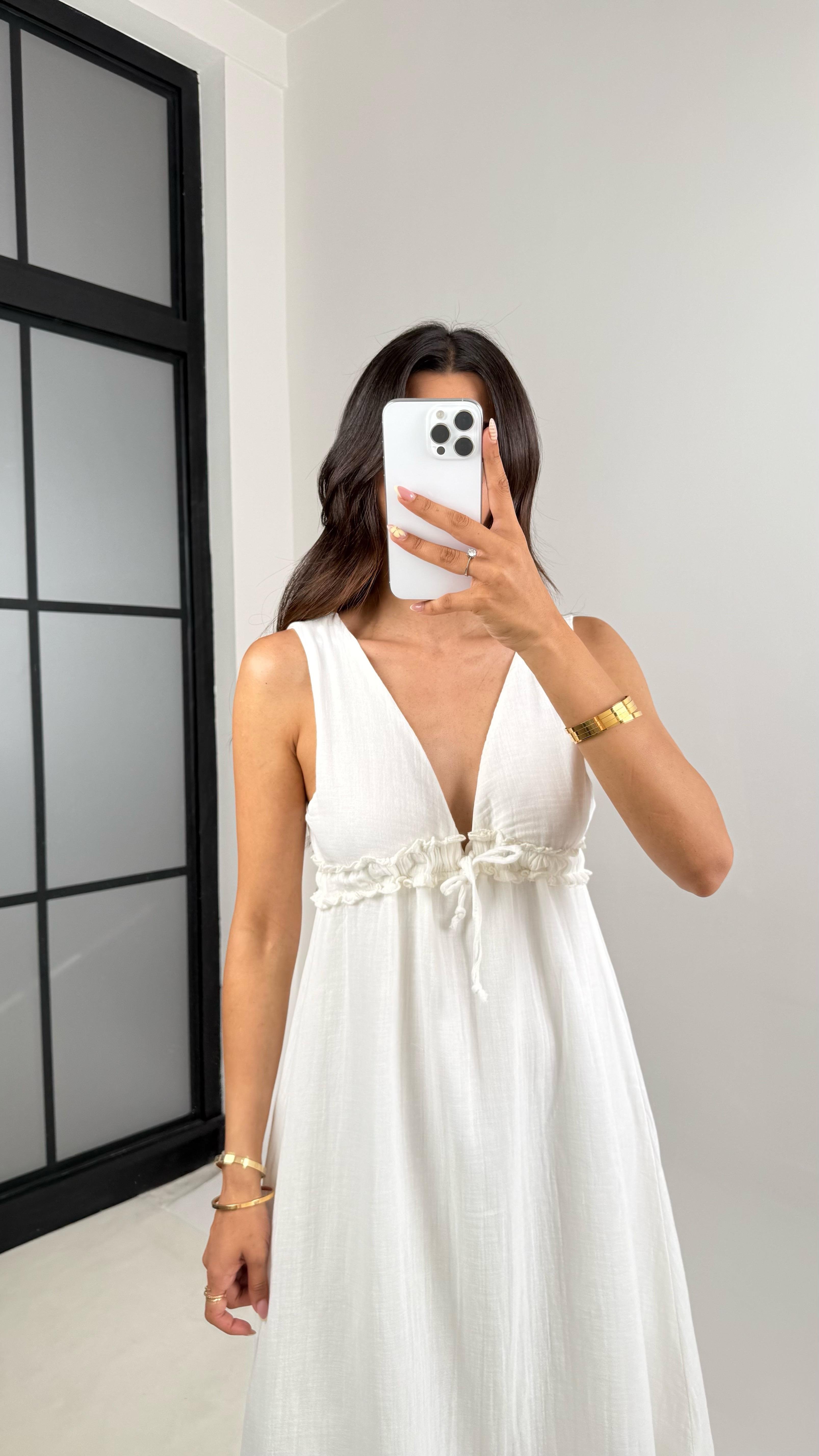 Beyaz V Yaka Beli Ayarlanabilir Lastikli Astarlı Müslin Elbise Gaus00680 GausELBİSEGU1002568