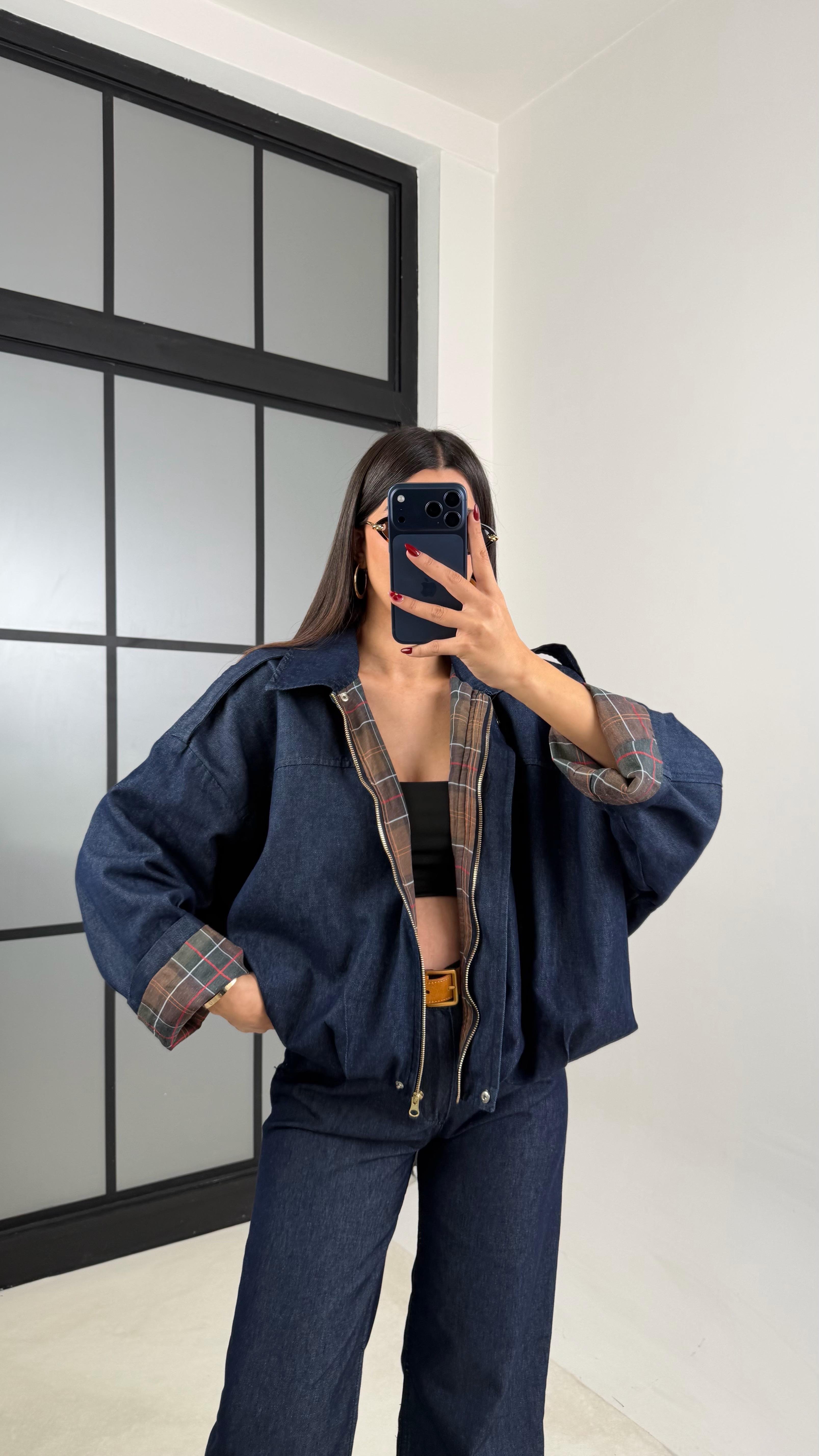 Lacivert Ekoseli Astarlı Bomber Ceket Beli Lastikli Pantolon Denim Takım GAUS-00687GAUSTAKIMGAUS-00687